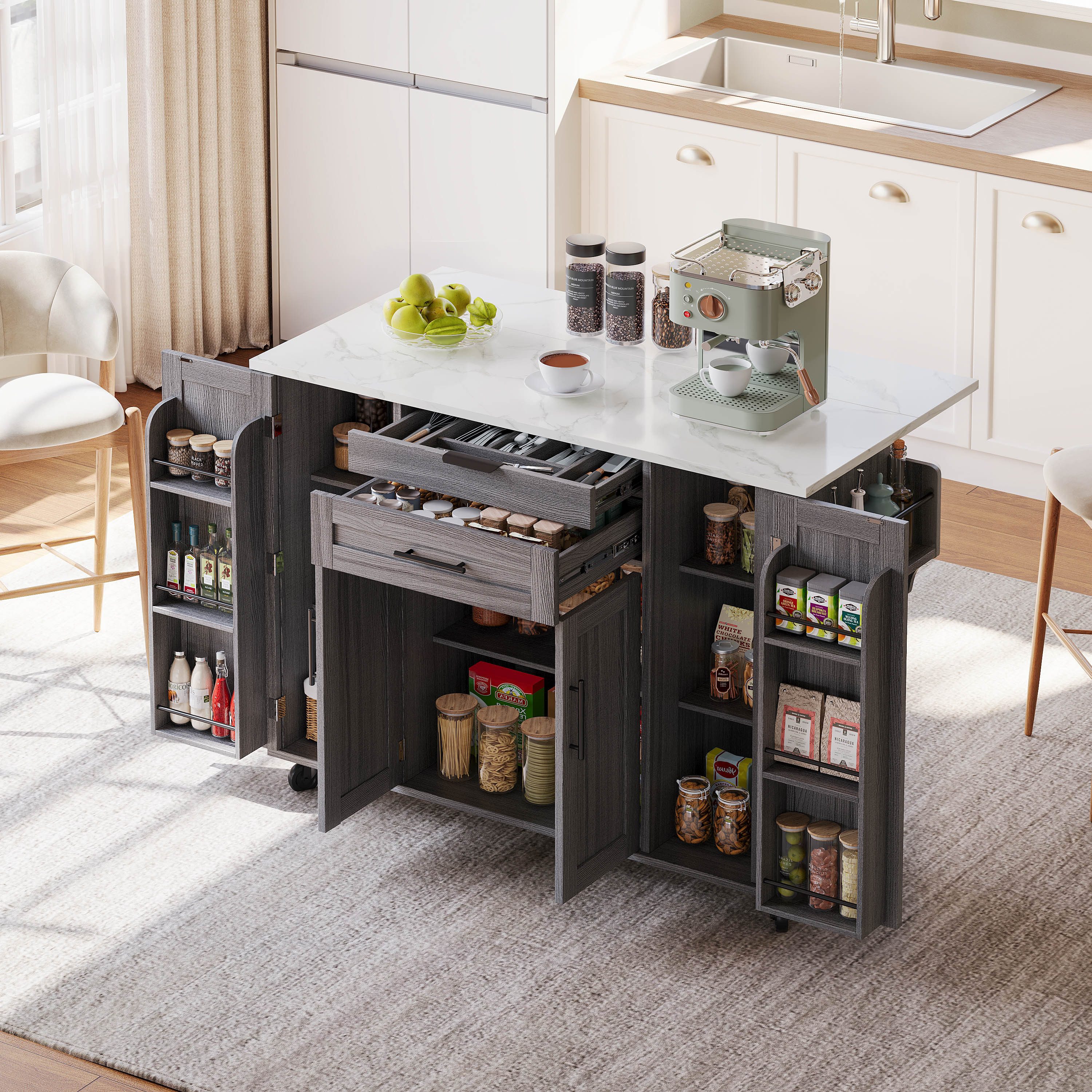 HAUSS SPOLE Kücheninsel mit Rollen und ausziehbare Arbeitsplatte Kücheninsel mit Gewürzregal, (Wohnzimmerschrank Buffetschrank 136x70x92cm mit Doppeltüren auf beiden Seiten), Küchenwagen mit verstellbare Einlegeböden für Küche oder Esszimmer