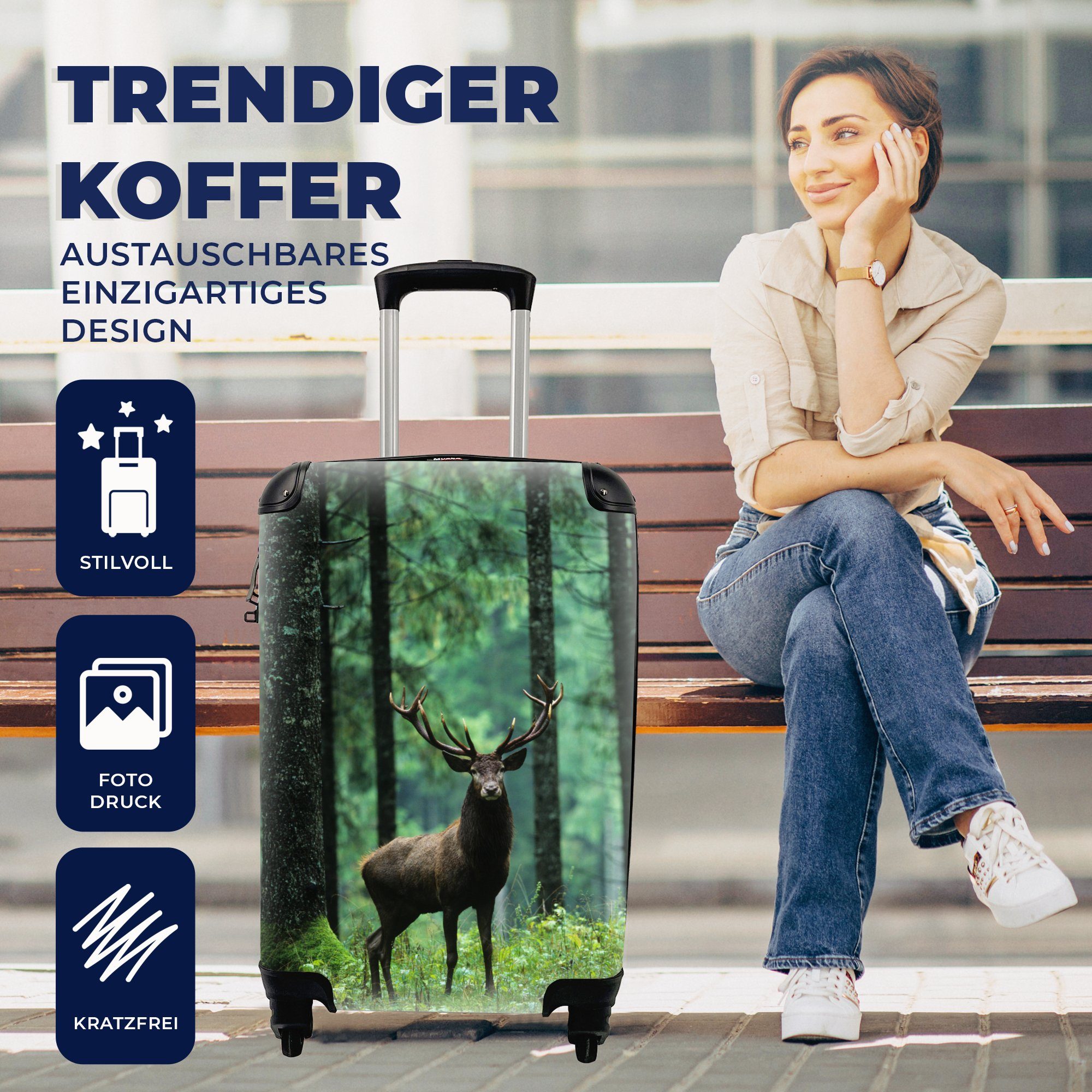 Handgepäckkoffer rollen, Rollen, - Reisetasche Trolley, mit Handgepäck Geweihe, Hirsche - Reisekoffer MuchoWow für 4 Bäume Ferien,