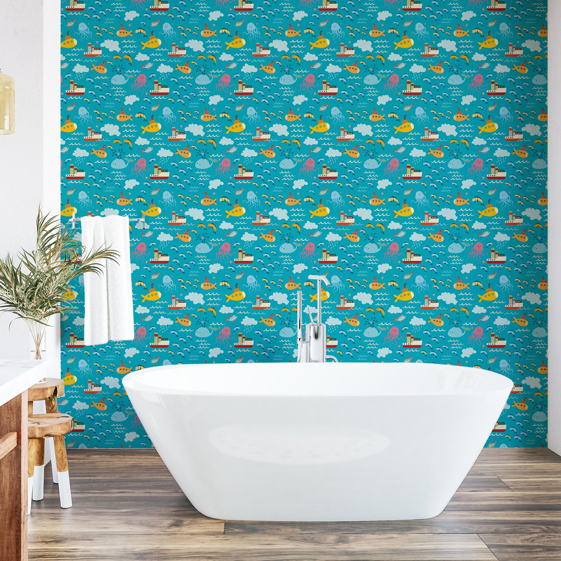 Abakuhaus Vinyltapete selbstklebendes Wohnzimmer Küchenakzent, Marine Schiffe Pattern Ozean