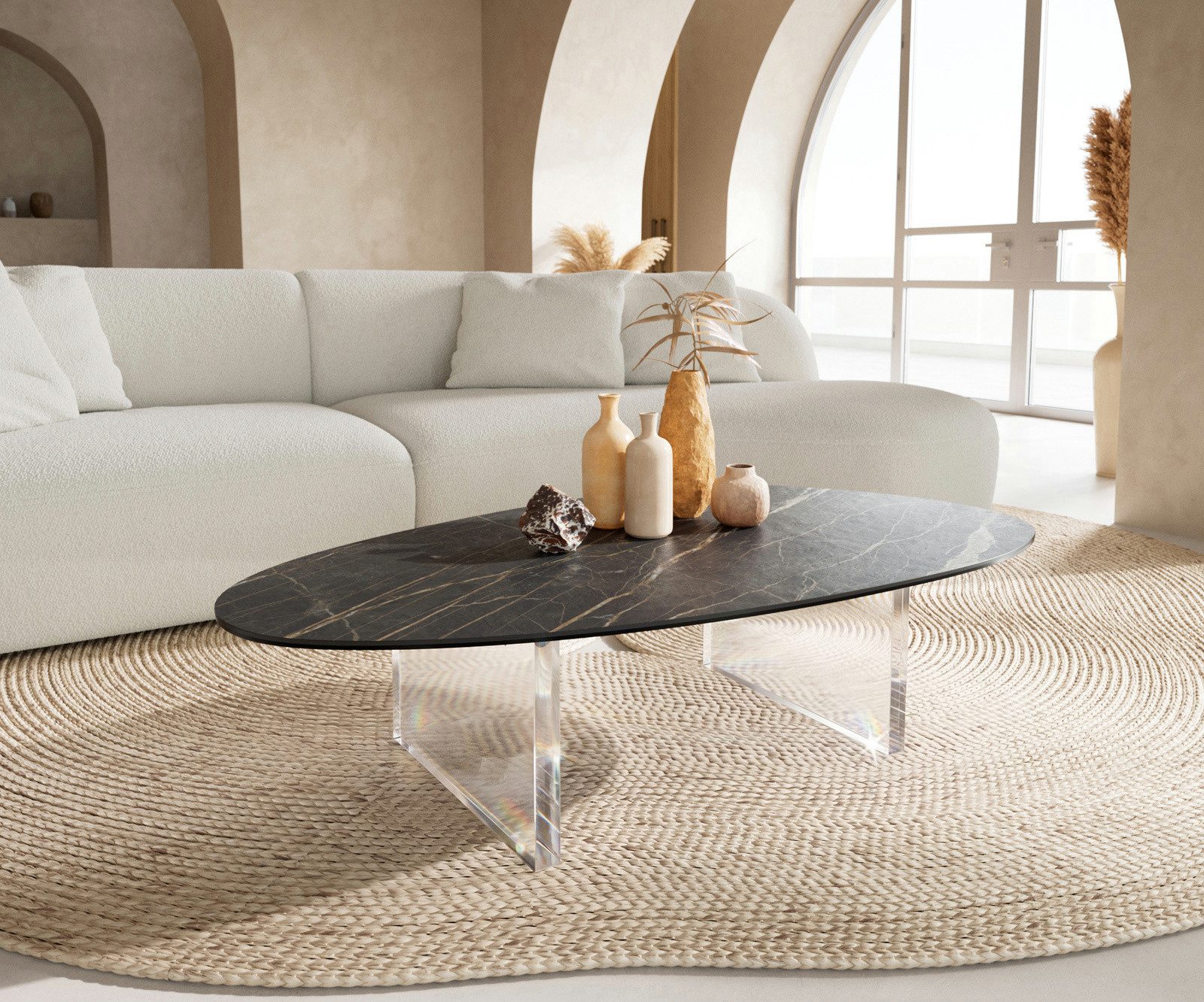 DELIFE Couchtisch Edge, Oval 140x75 cm Keramik Laminam® Noir Desir Braun Lumia Acryl