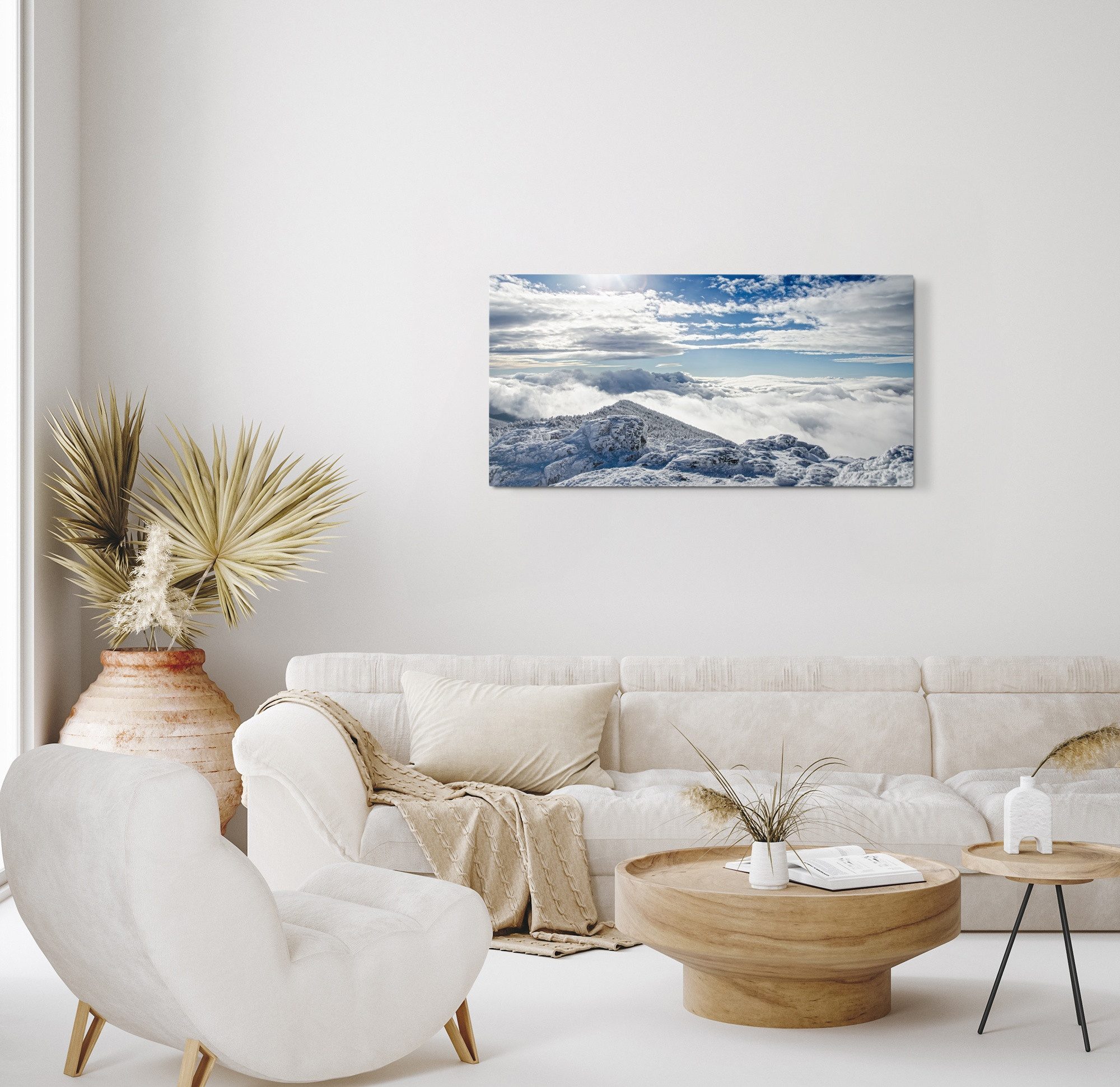Sinus Art Leinwandbild Kunstdruck Bilder 120x60cm Schneelandschaft Winter Berge über den Wolk, (1 St)