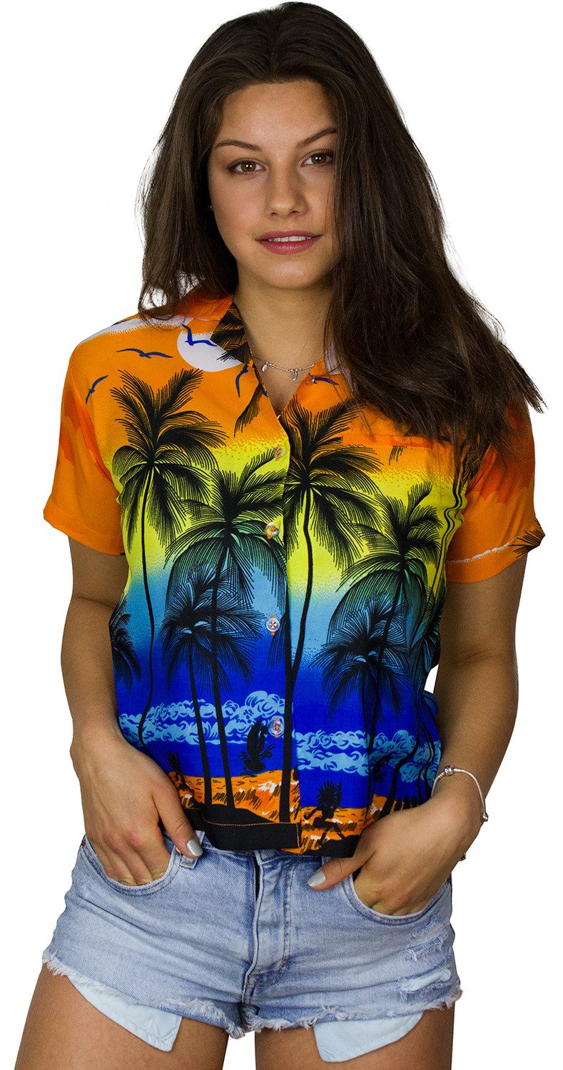 King Kameha Hawaiihemd Beach Funky Hawaiibluse Damen Kurzarm Front-Tasche Stylish