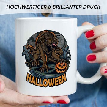 GRAVURZEILE Tasse mit Motiv im Halloween Werwolf Design, Keramik, Farbe: Weiß