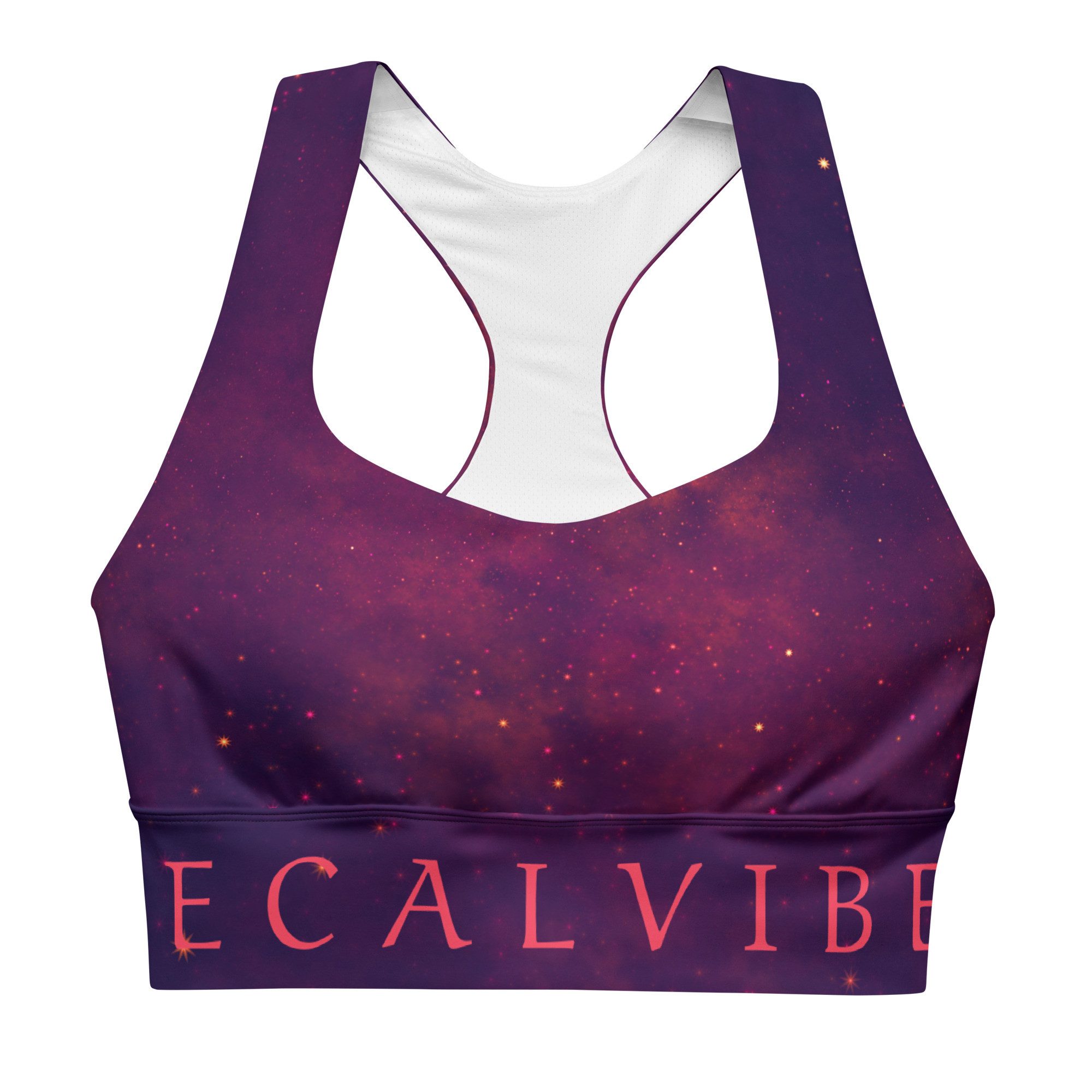 DECALVIBES Sport-BH Longline Sports Bra Purple Inferno Longline Design, starker Halt, herausnehmbare Pads, atmungsaktiv