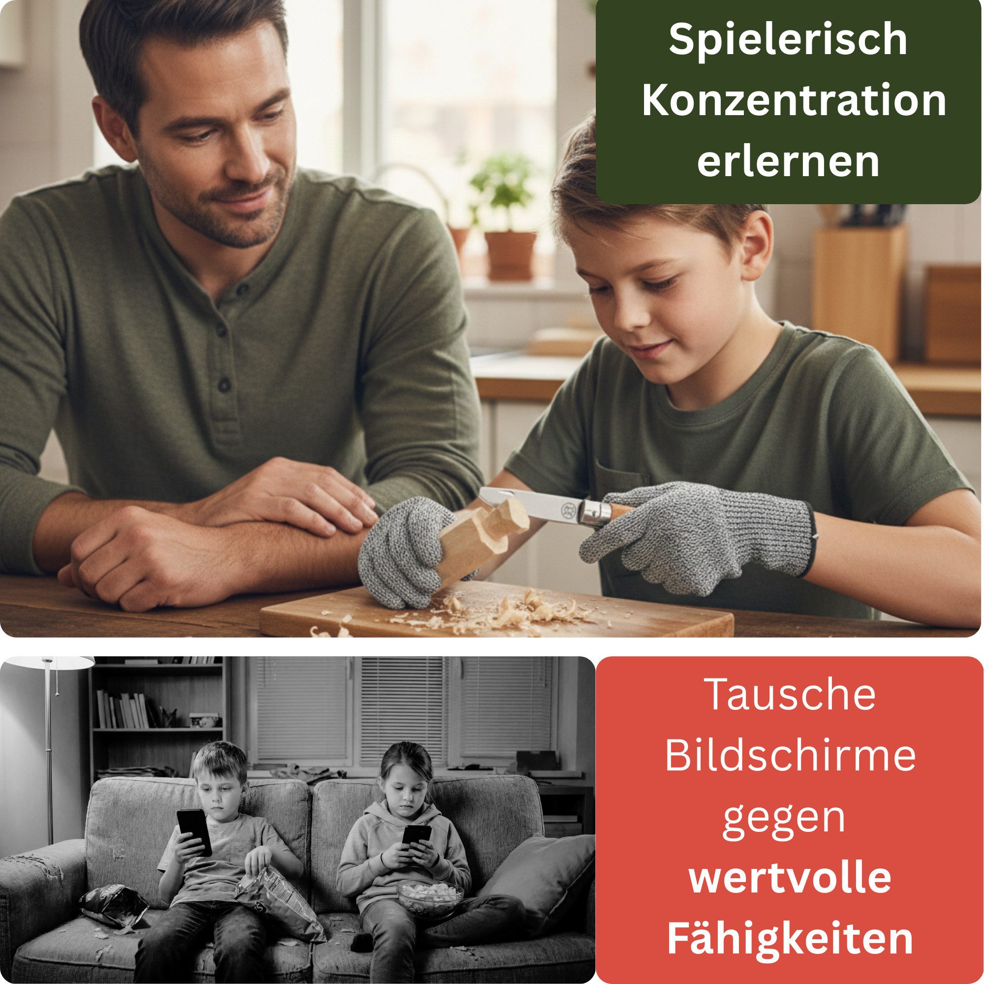Eli Taschenmesser Schnitzmesser Kinder - Kindermesser mit Filztasche Kindertaschenmesser, (Schnitzwerkzeug - Outdoor Messer, Kinderschnitzmesser - Griff aus Buchenholz), inkl. schnittfeste Handschuhe - Beidhändig - rostfreier Stahl