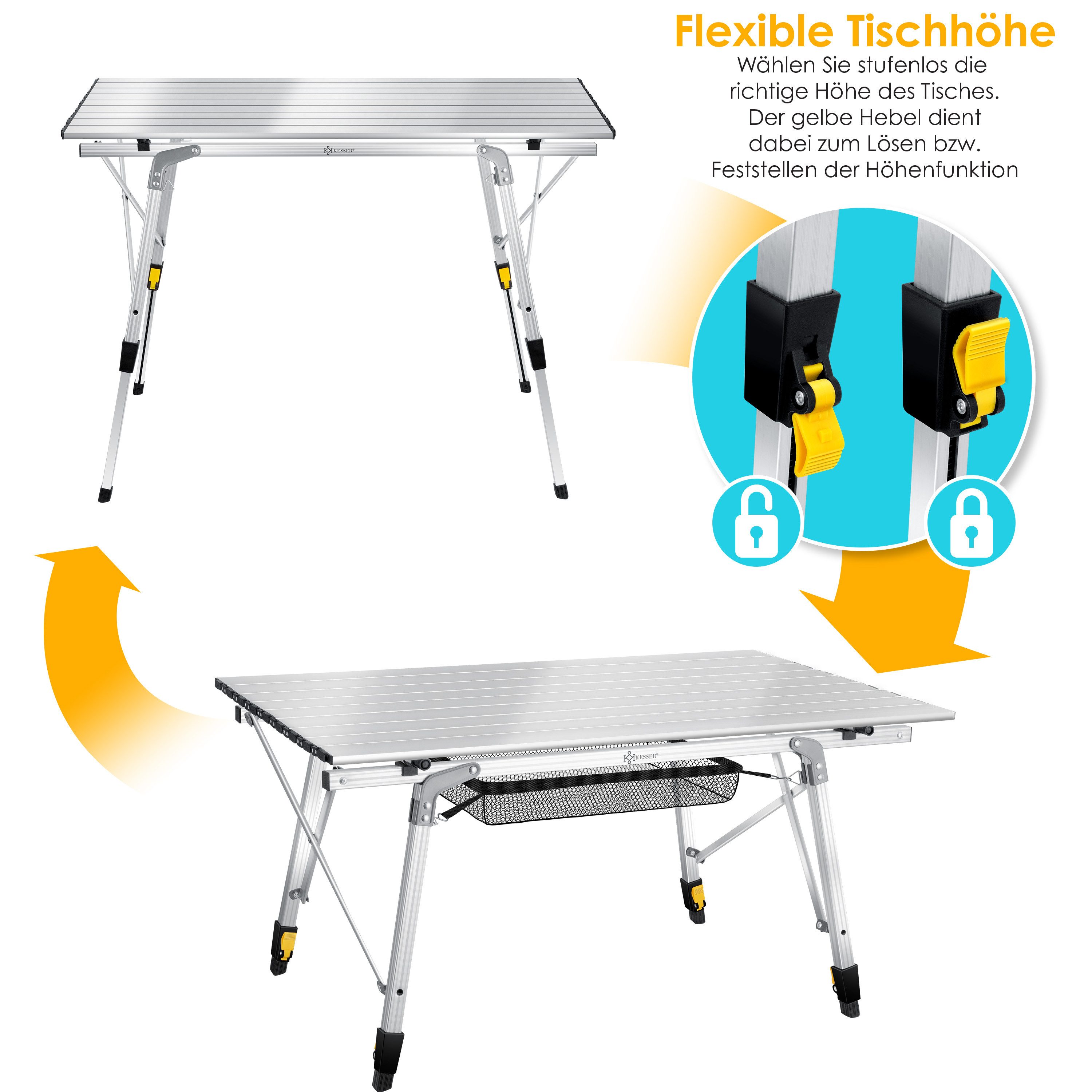 KESSER Campingtisch, Klapptisch faltbar & höhenverstellbar mit aufrollbarer Tisch-Platte