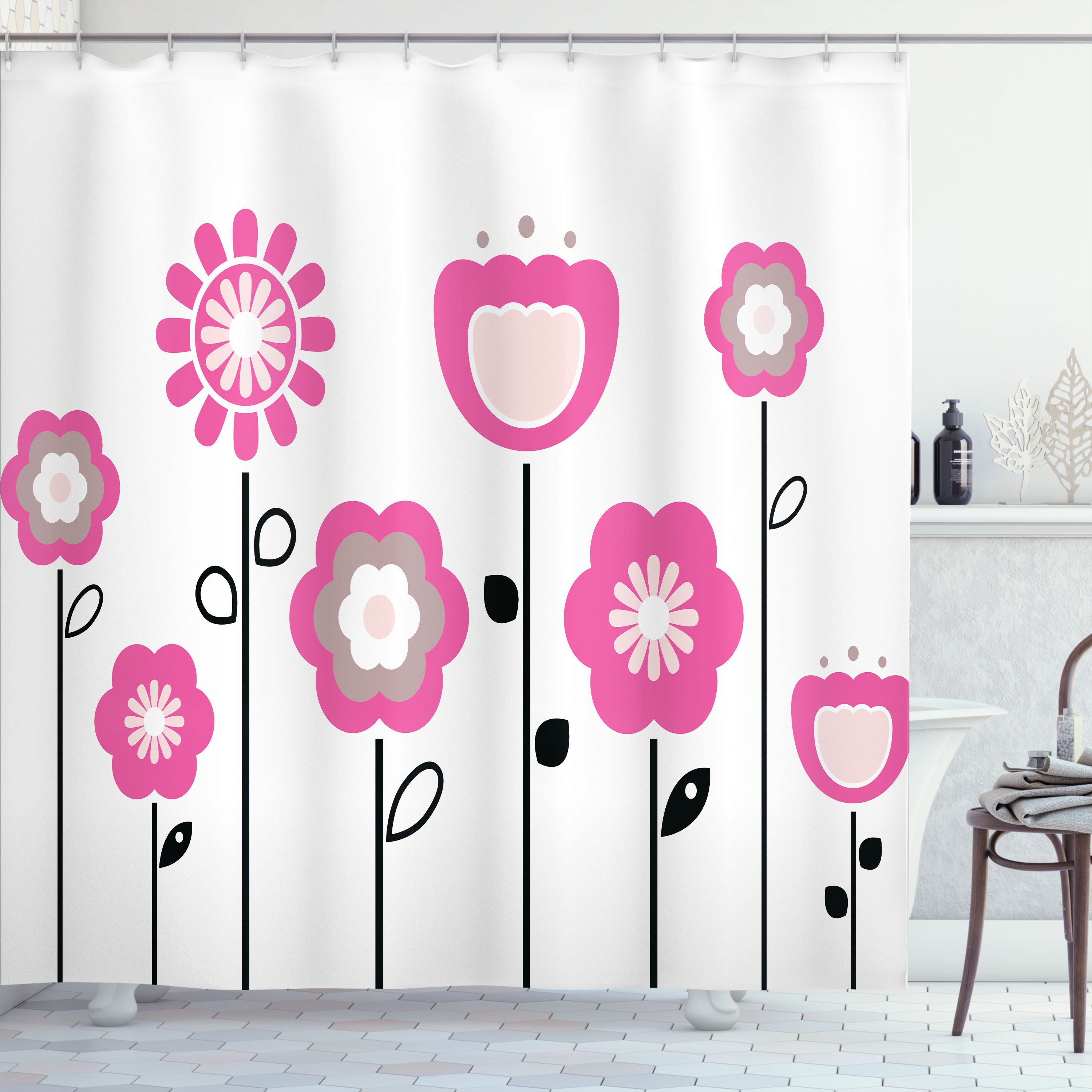 Abakuhaus Duschvorhang Moderner Digitaldruck mit 12 Haken auf Stoff Wasser Resistent Breite 175 cm, Höhe 180 cm, Pink und Weiß Blumen