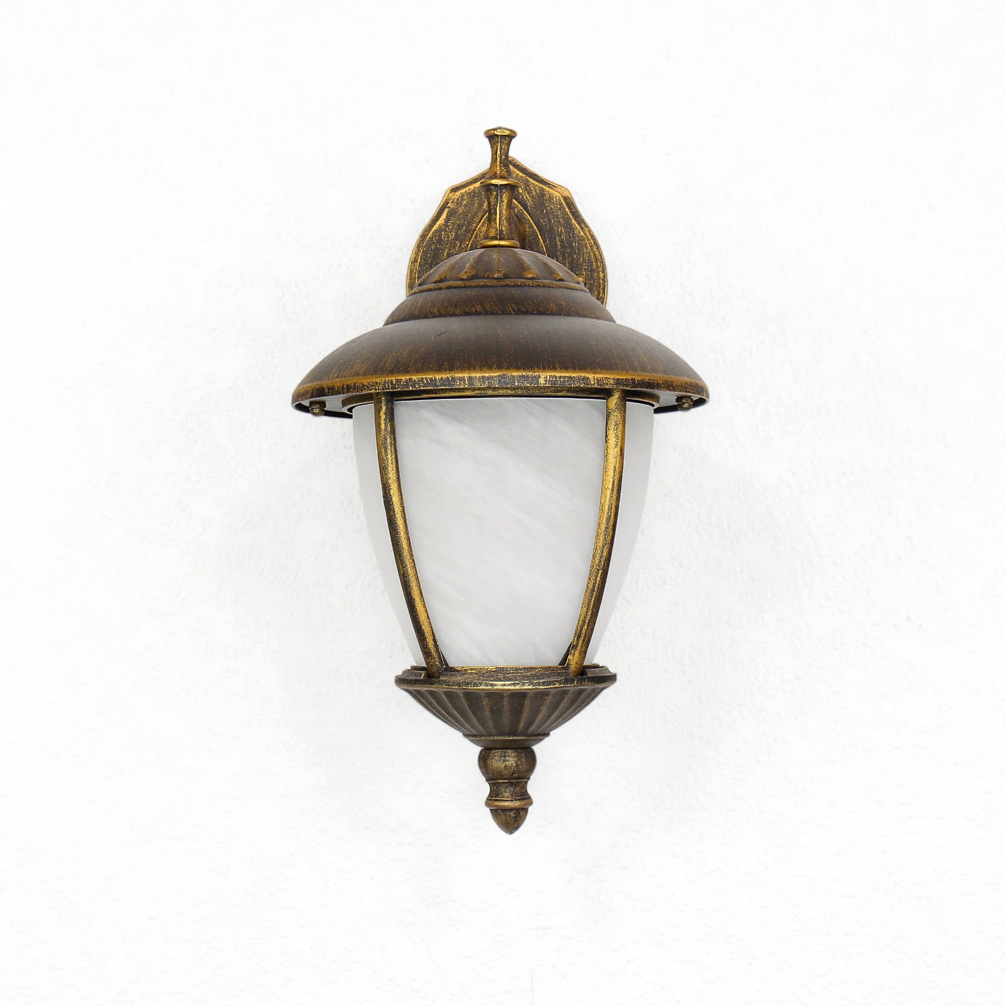 Licht-Erlebnisse Außen-Wandleuchte MADRID, ohne Leuchtmittel, Rustikal klein H: 37 cm E27 in Gold antik aus Aluminium Glas