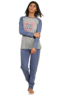 Normann Pyjama Damen Pyjama im College-Look mit Print und abgesetzten Ärmeln