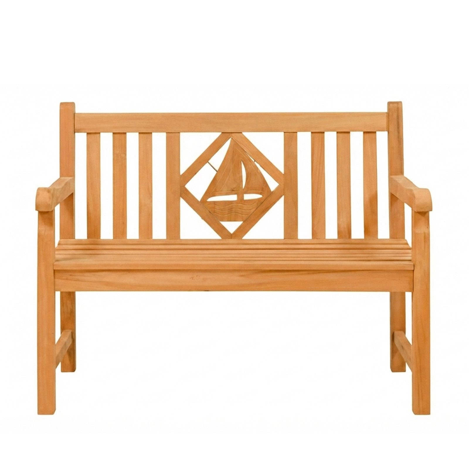 Endorphin Gartenbank Premium Teak Gartenbank 120 cm „Modell Raute“ mit Motiv Segelboot (1x Gartenbank mit motiv Seegelboot)