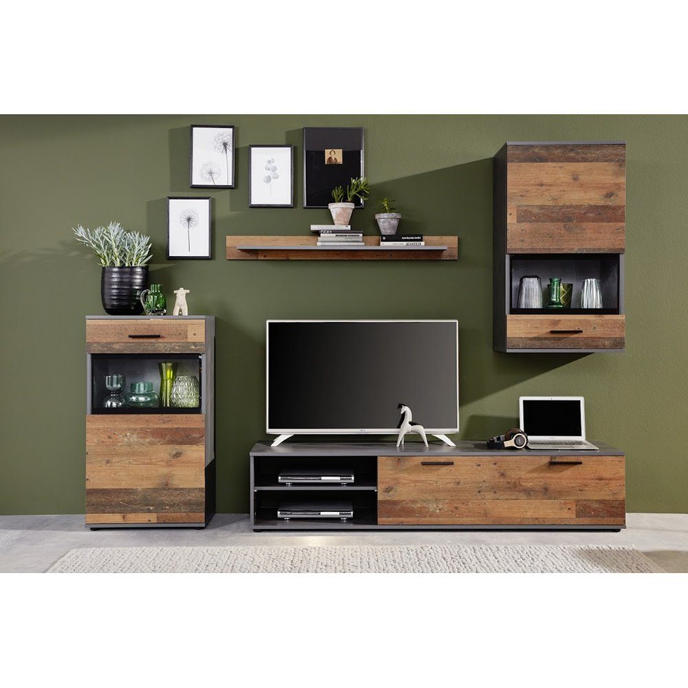 trendteam Wohnwand Mango, Anbauwand Schrankwand Braun/Grau Old Wood Matera 246x182x37 cm