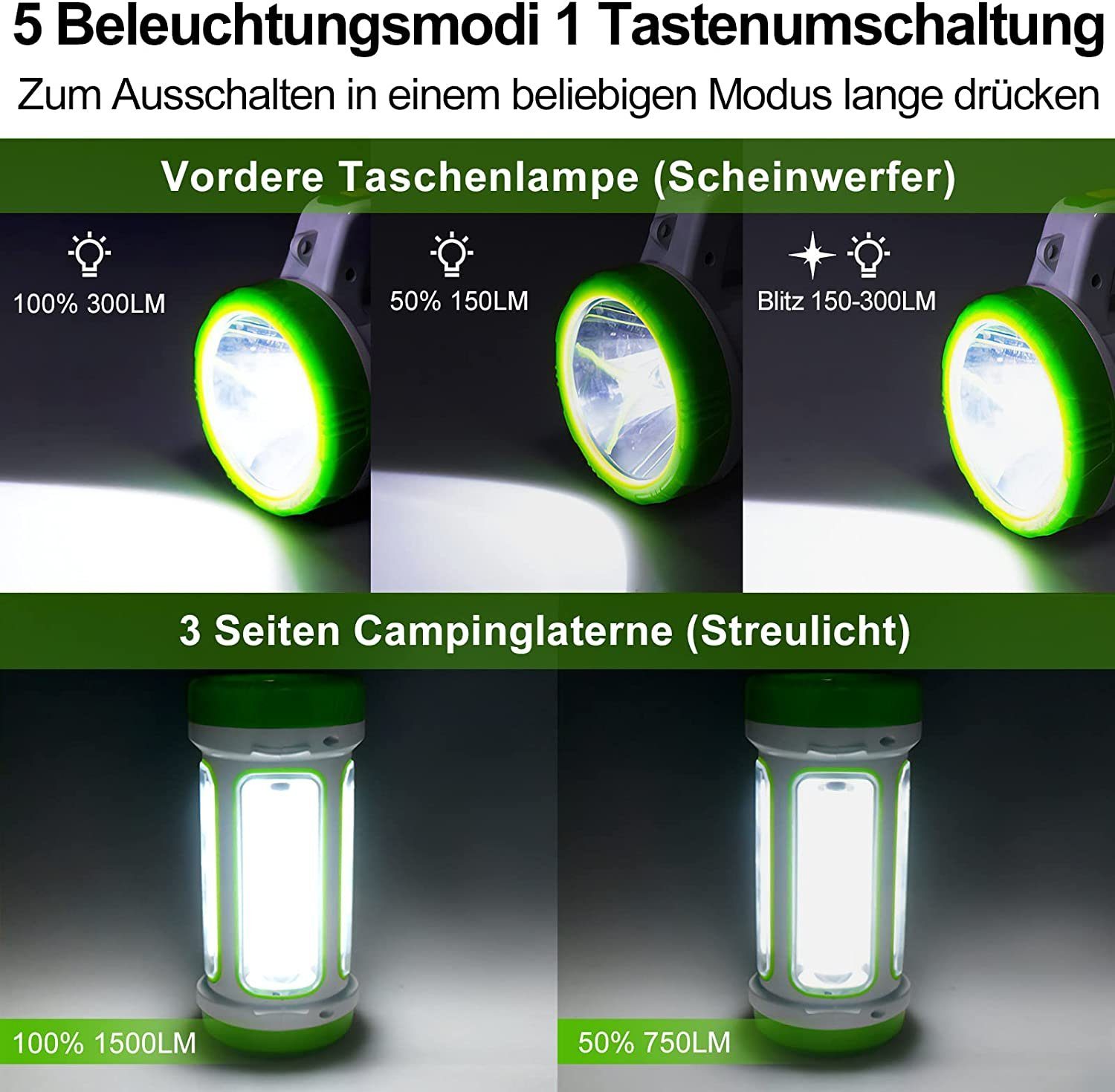 Solar LED Camping Lampe grün mit LED LED Taschenlampe GelldG USB-Ladegerät Campinglampe,