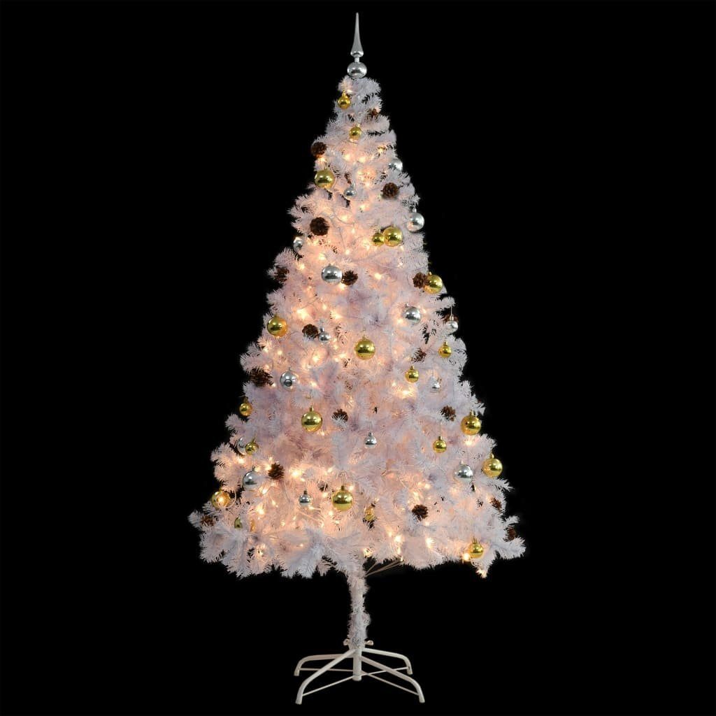 vidaXL Künstlicher Weihnachtsbaum Künstlicher Weihnachtsbaum mit Kugeln und LEDs Weiß 210 cm