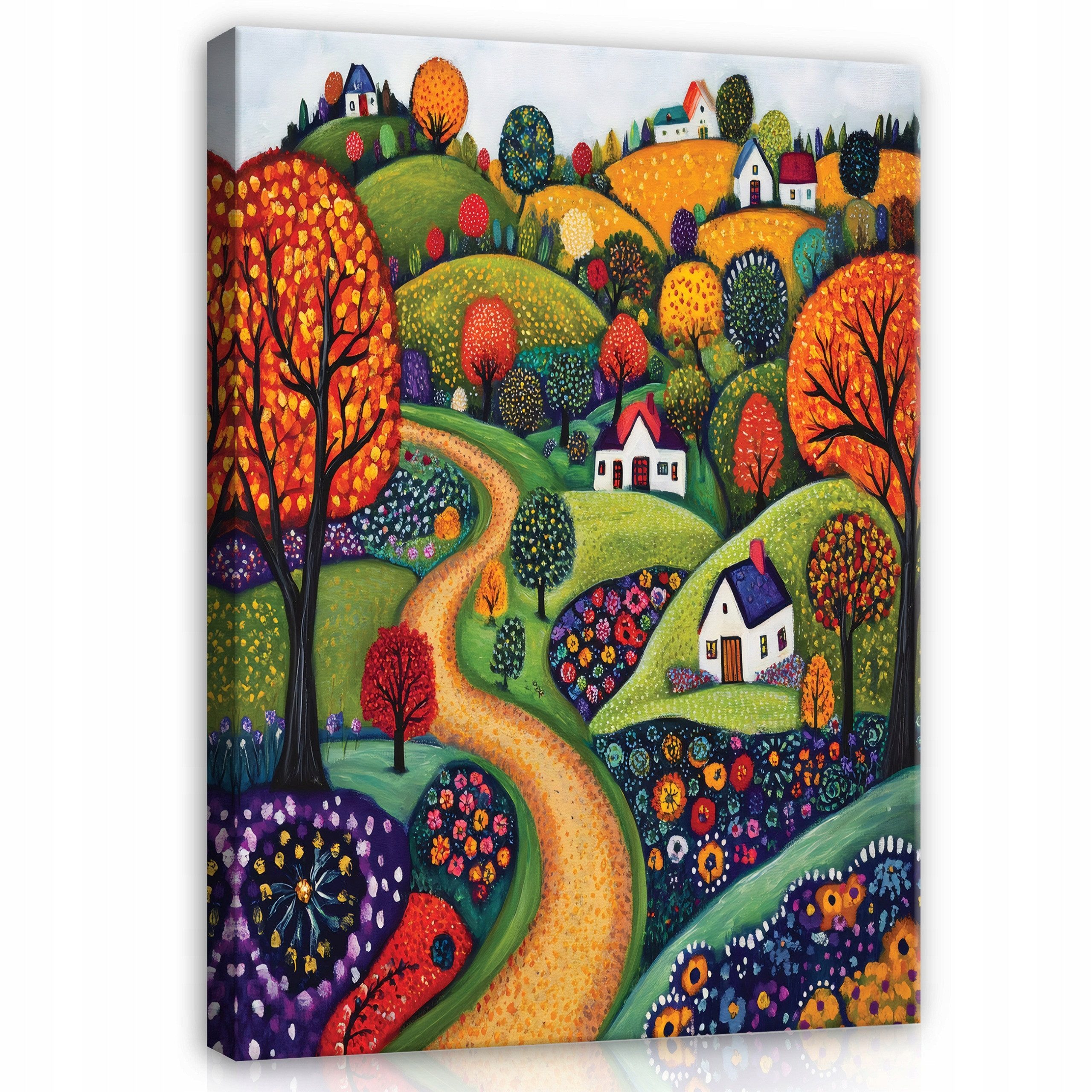 Wallarena Leinwandbild Märchenlandschaft Hügel Dorf Orange Kinderzimmer bilder Wandbild, Landschaft, Dorf, Hügel, Bäume, Blumen, Haus (Leinwandbild, 1 St), Leinwand Bilder Wohnzimmer Schlafzimmer Wandbild Wanddeko 30x40 cm