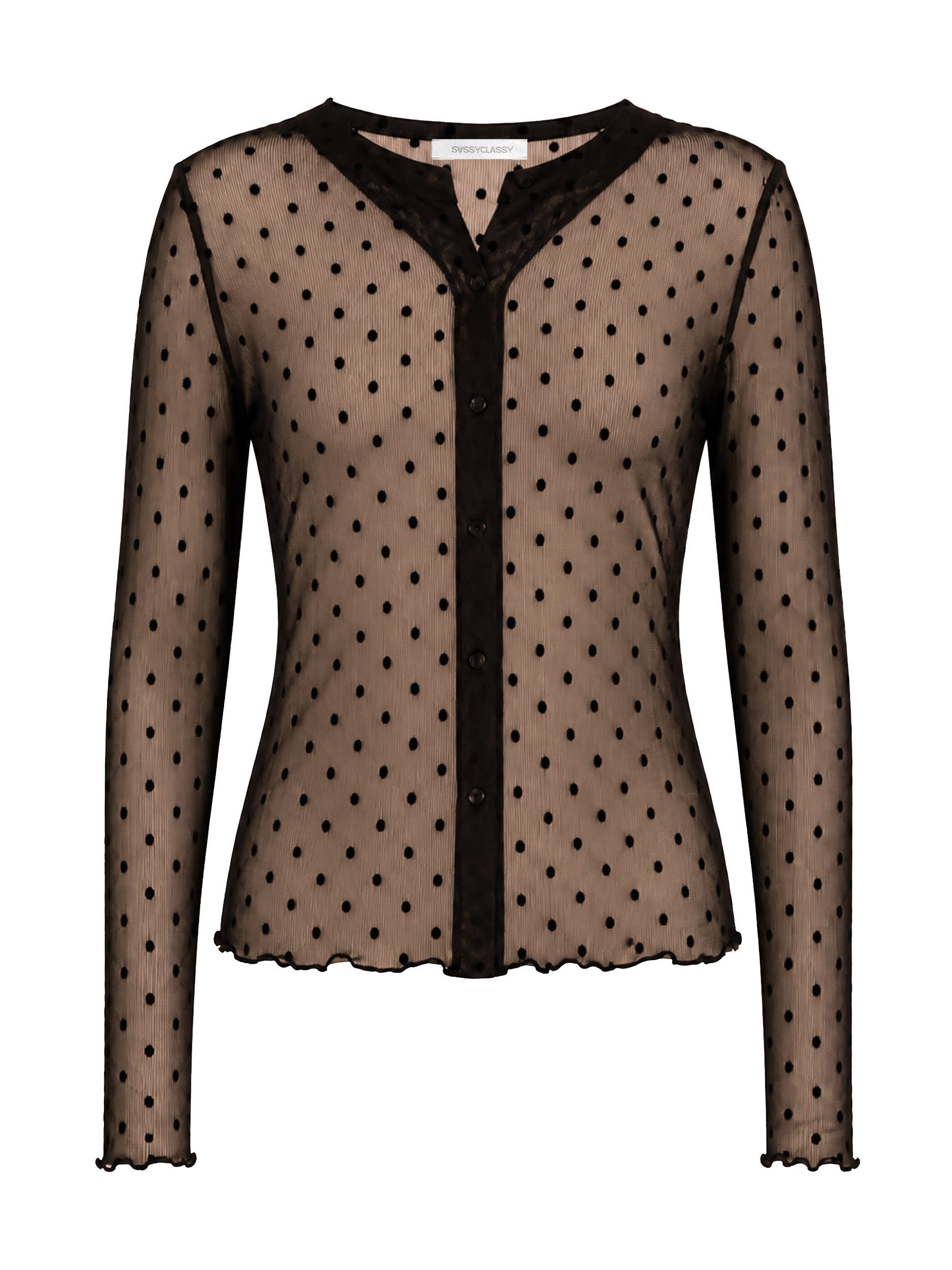 SASSYCLASSY Longshirt Mesh-Bluse mit Punktemuster für Damen Transparentes Langarmshirt mit Knopfleiste und dezentem Stehkragen