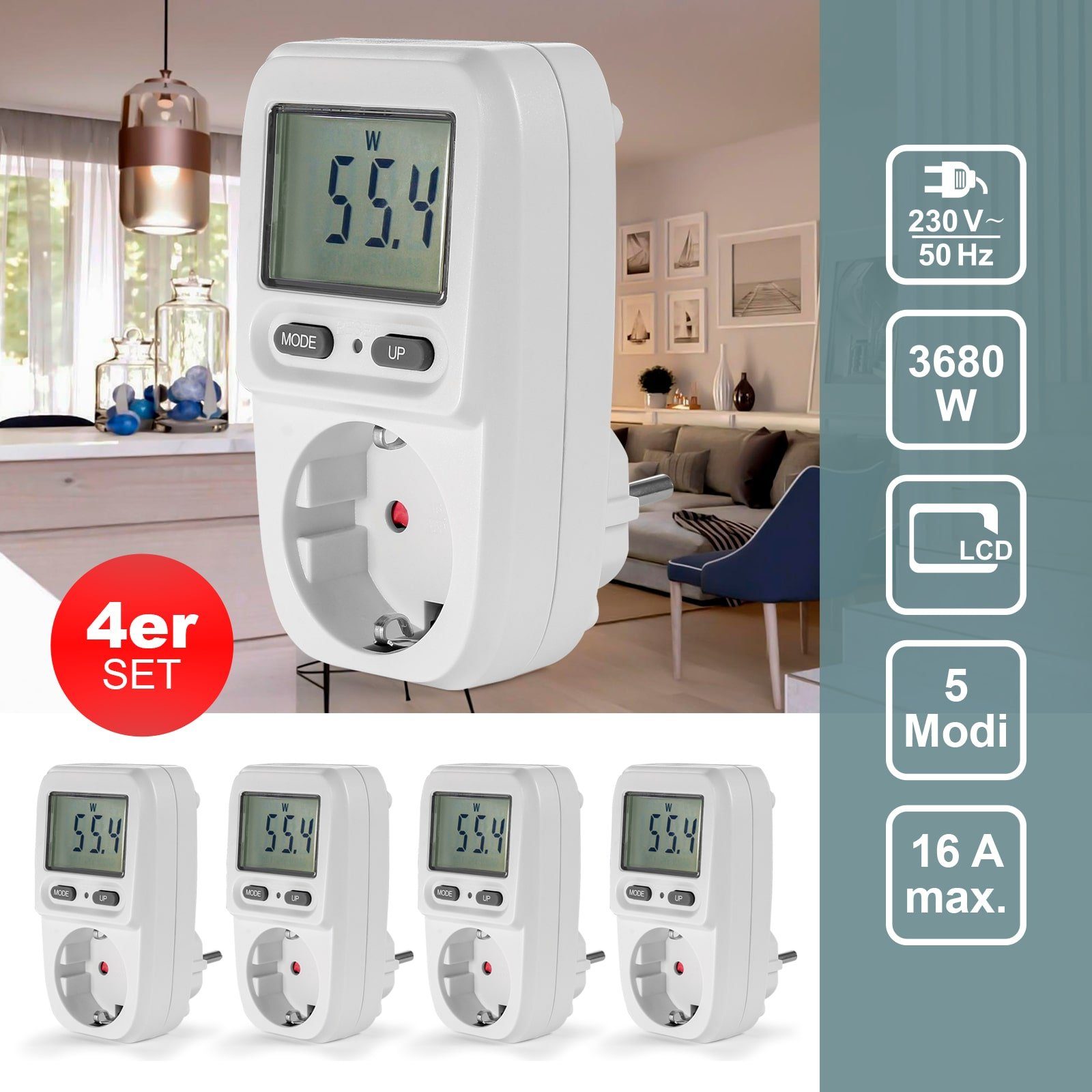 EAXUS Stromverbrauchszähler Energiekostenmessgerät Steckdose mit Display bis 3680 Watt, 4-tlg., Zeigt Stromkosten direkt an, mit Memory-Funktion, einfache Bedienung