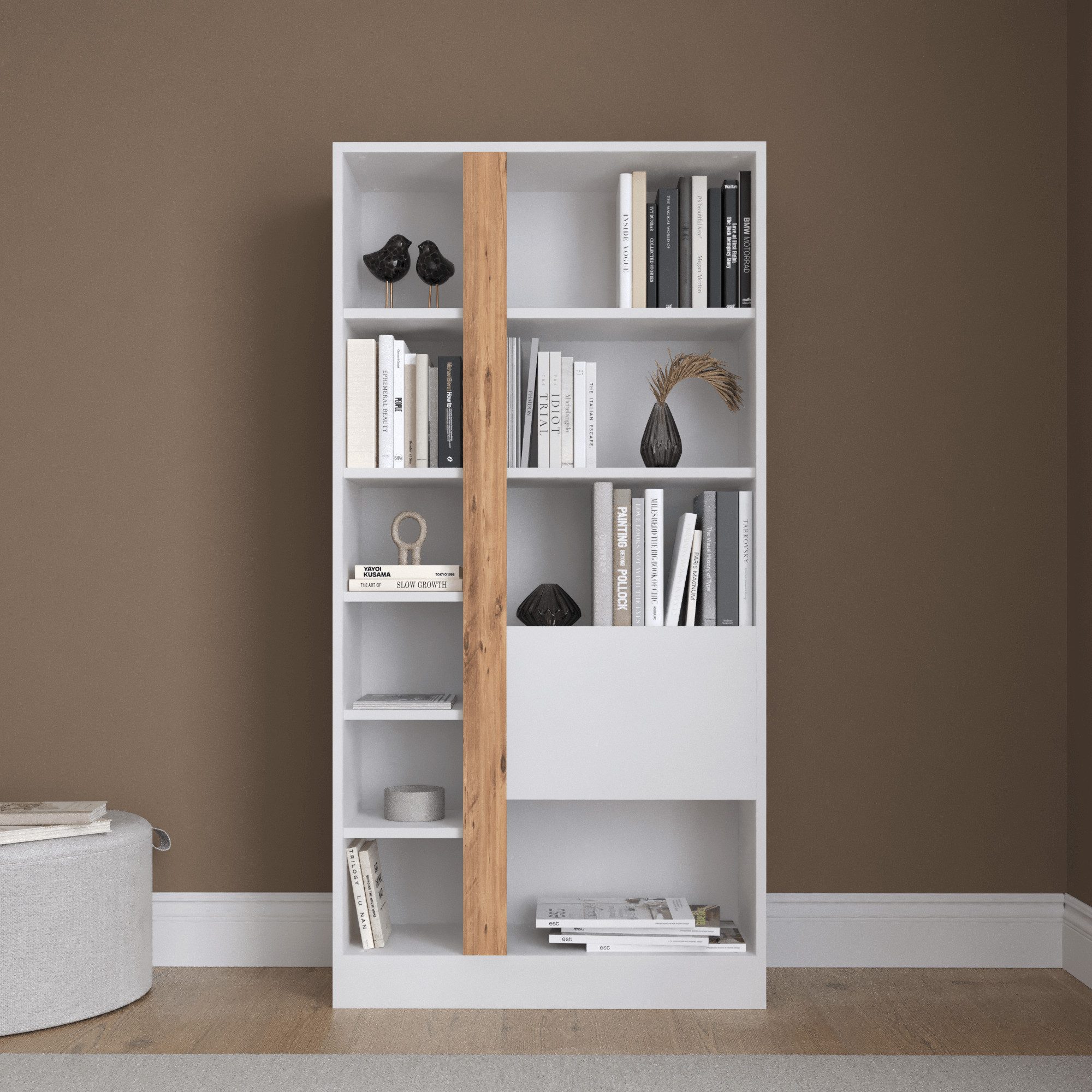 BDR Smart Home Art Bücherregal Lotus Bücherregal, Weiß & Atlantic Pine Elegant, Geräumig, Funktional