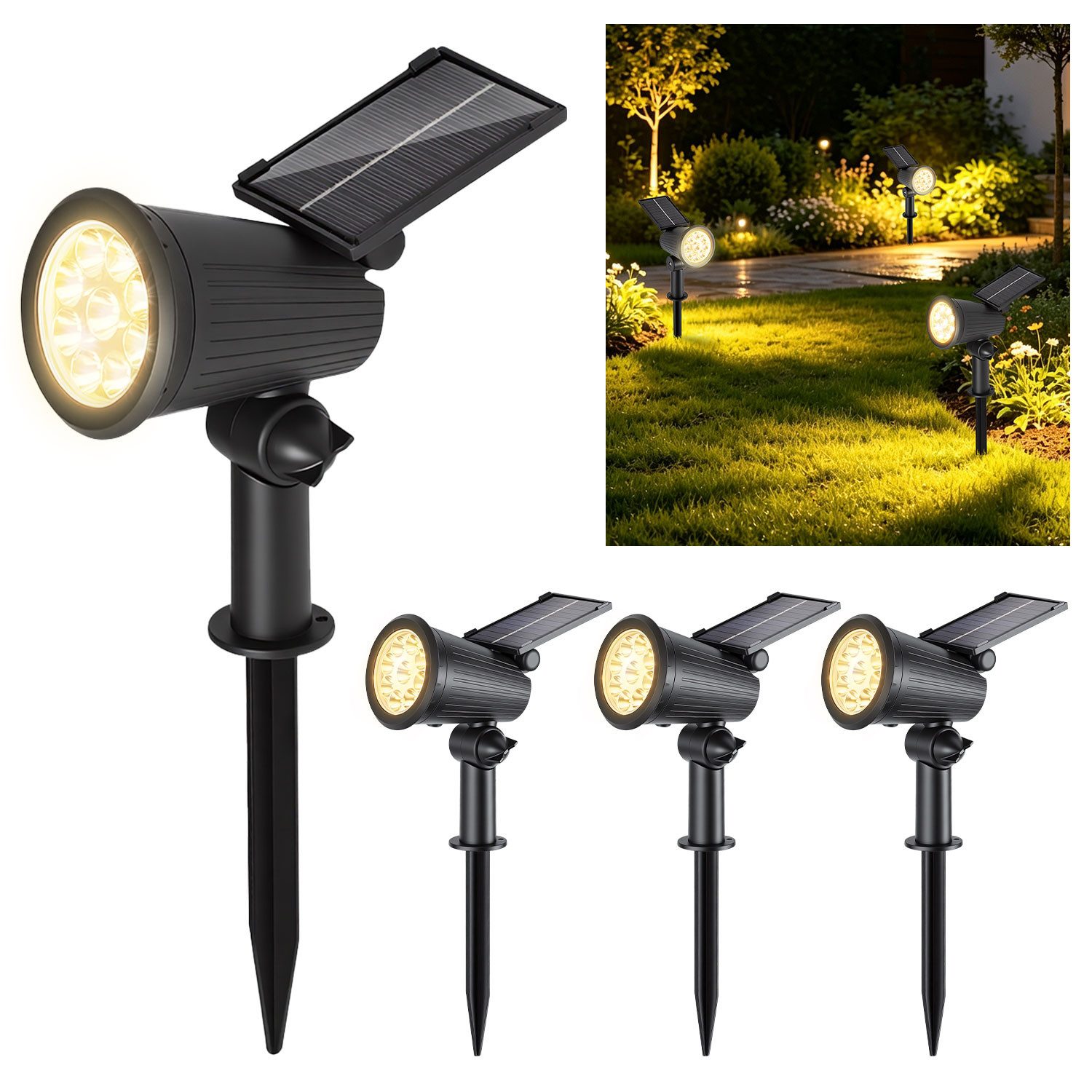 Clanmacy LED Gartenstrahler LED Solar Gartenleuchte mit Erdspieß Solarleuchte IP65 3W Warmweiß, Warmweiß