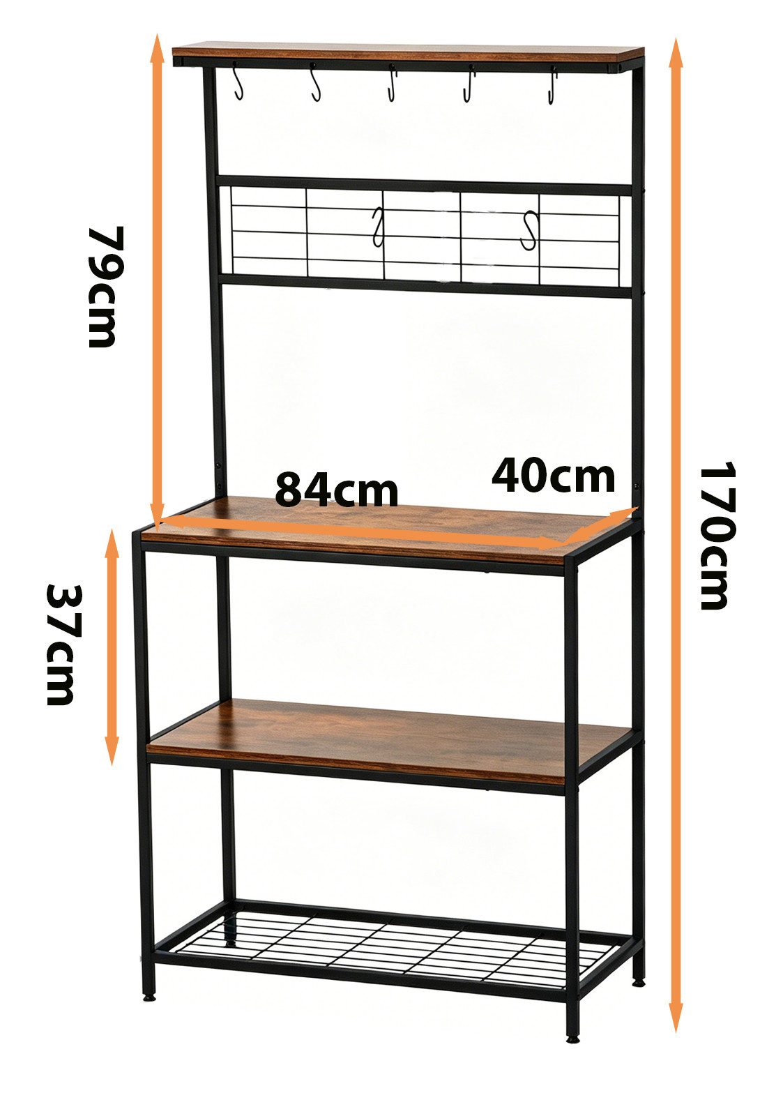 BIGTREE Standregal Küchenregal mit 4 Ablagen,7 Haken,Mikrowellen-Regal 80 x 40 x 170 cm