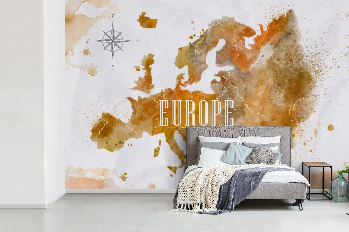 bedruckt, Schlafzimmer, Matt, - Europa (6 Wohnzimmer, Kinderzimmer, für Weltkarte, St), MuchoWow - Vinyl Fototapete Wallpaper Tapete Farbe