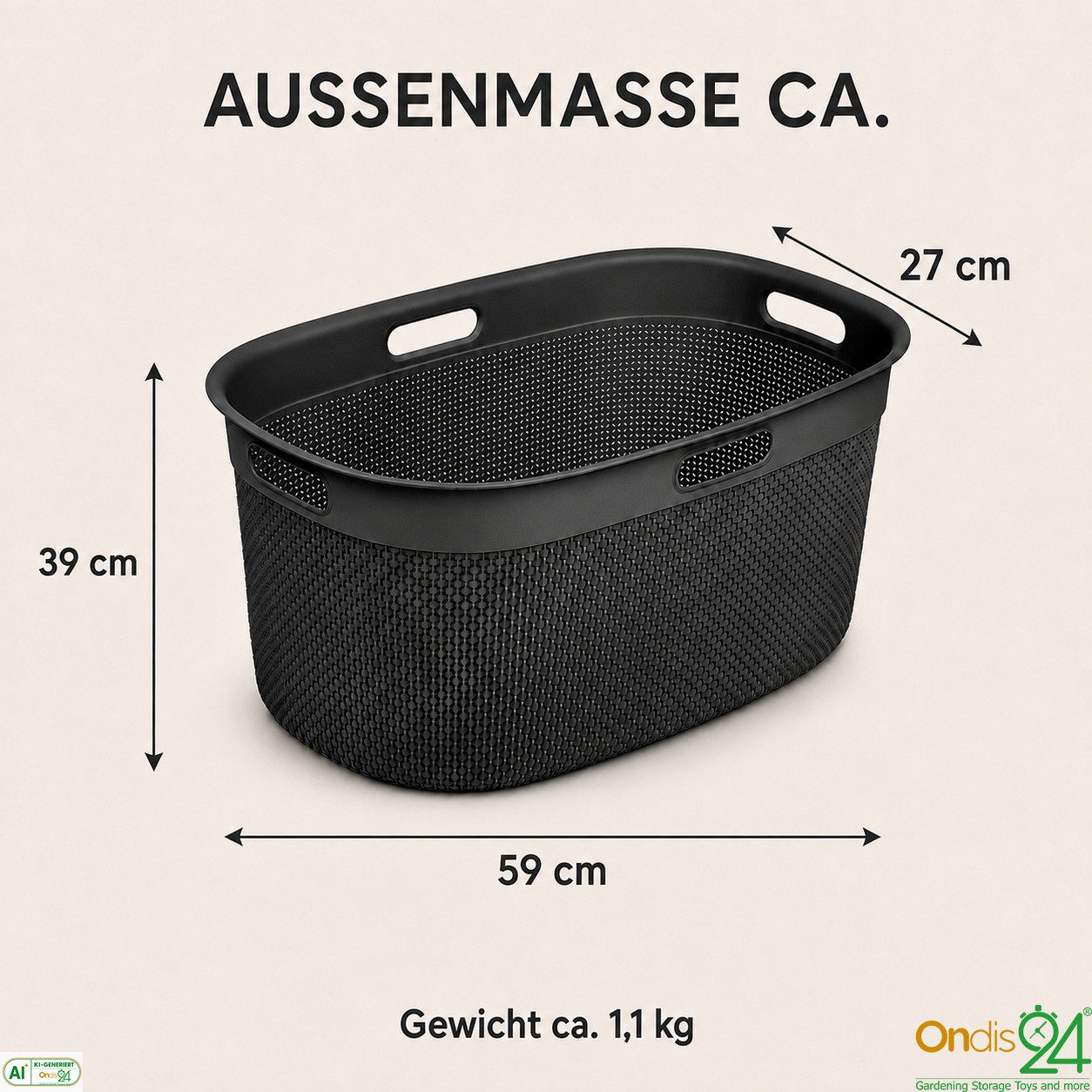 ONDIS24 Wäschekorb Tragekorb Filo 45 L, hochwertiger, geruchsneutraler Kunststoff, 45 L, belüftet und nestbar – Bild 3 von 5