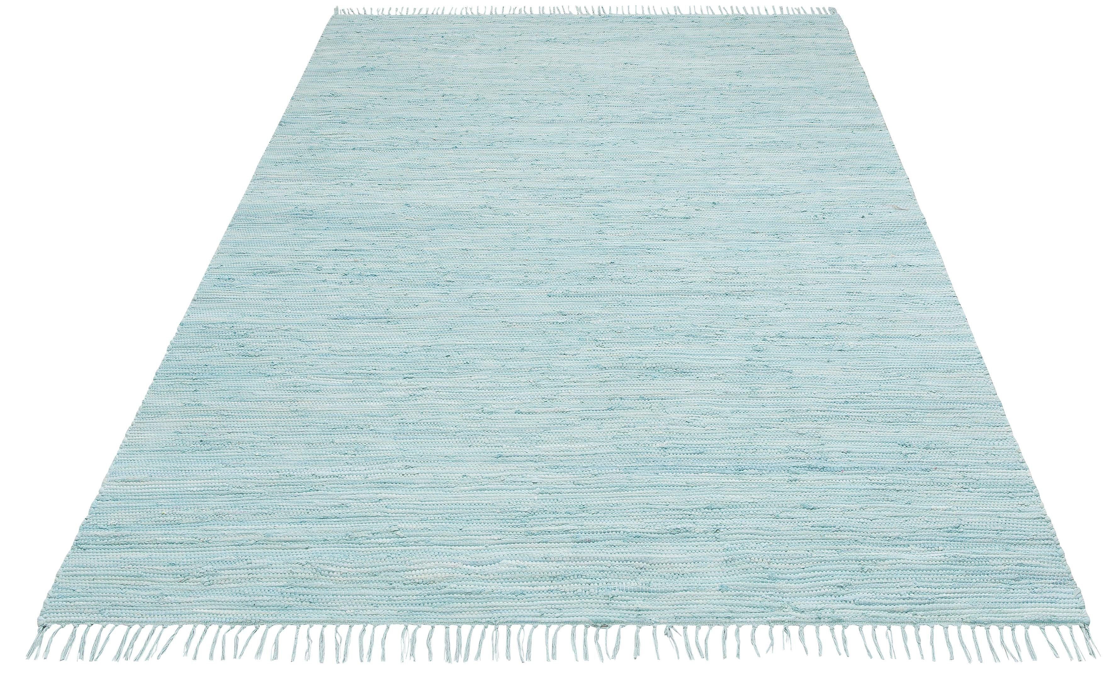 Teppich Paul, Lüttenhütt, rechteckig, Höhe: 5 mm, Wendeteppich, handgewebt, beidseitig verwendbar, mit Fransen hellblau