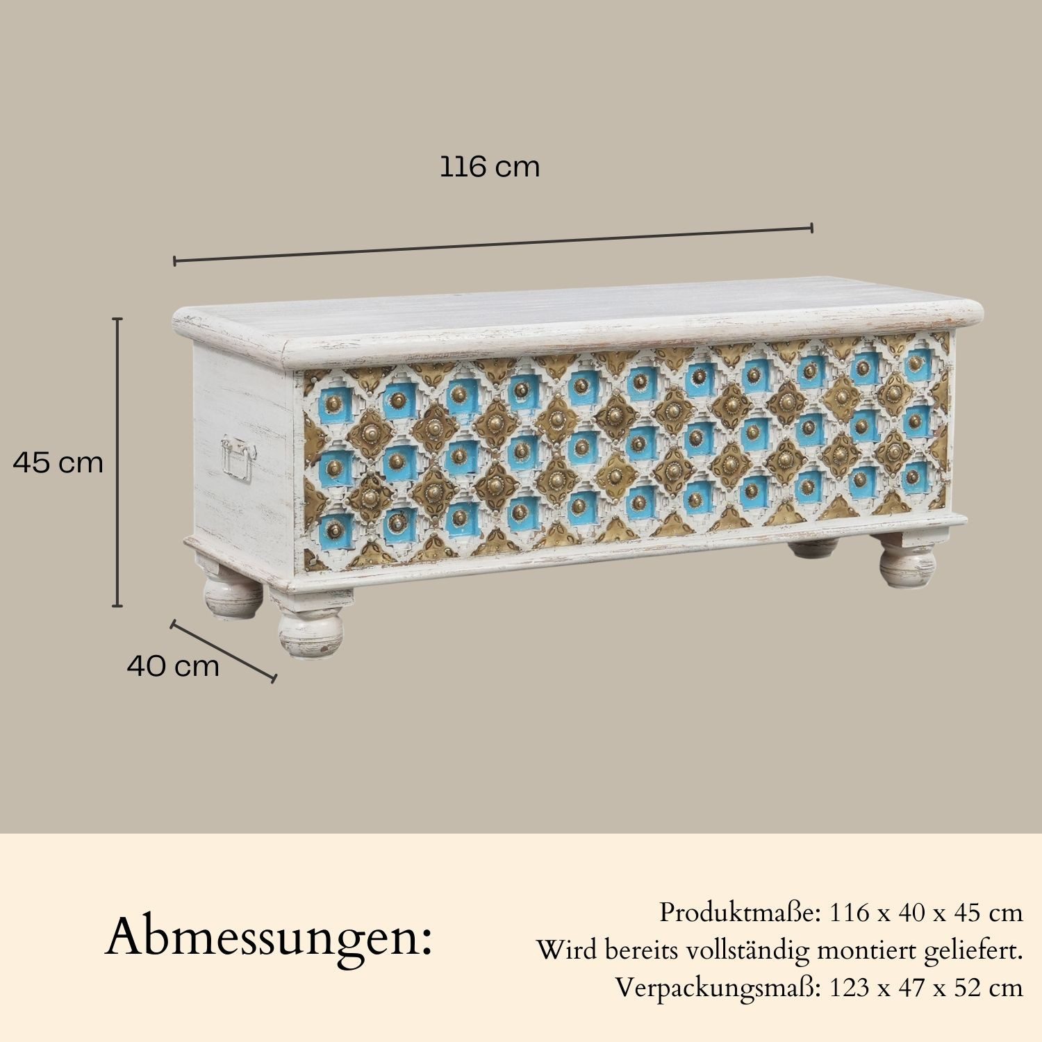 Marrakesch Orient & Mediterran Interior Truhe Massivholz-Truhe Burhan 3 Vintage Möbel Sitztruhe Betttruhe 116 cm (1 St), Handarbeit