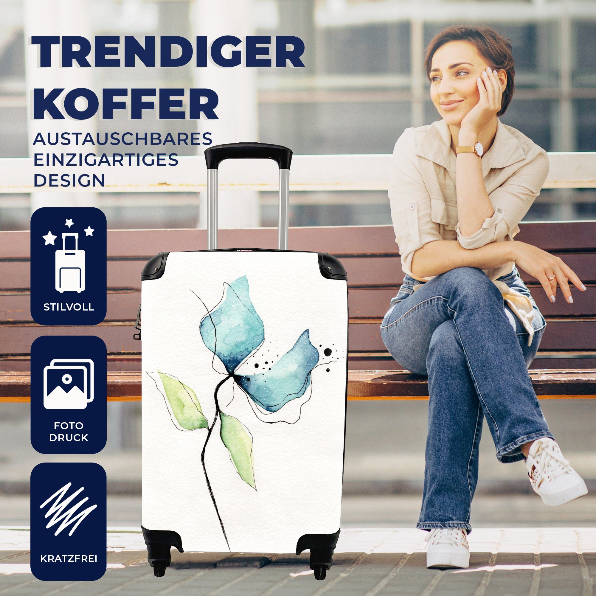Trolley, - Blumen Ferien, 4 - Reisetasche Aquarell Reisekoffer Handgepäck Blau, Handgepäckkoffer mit rollen, MuchoWow für Rollen,