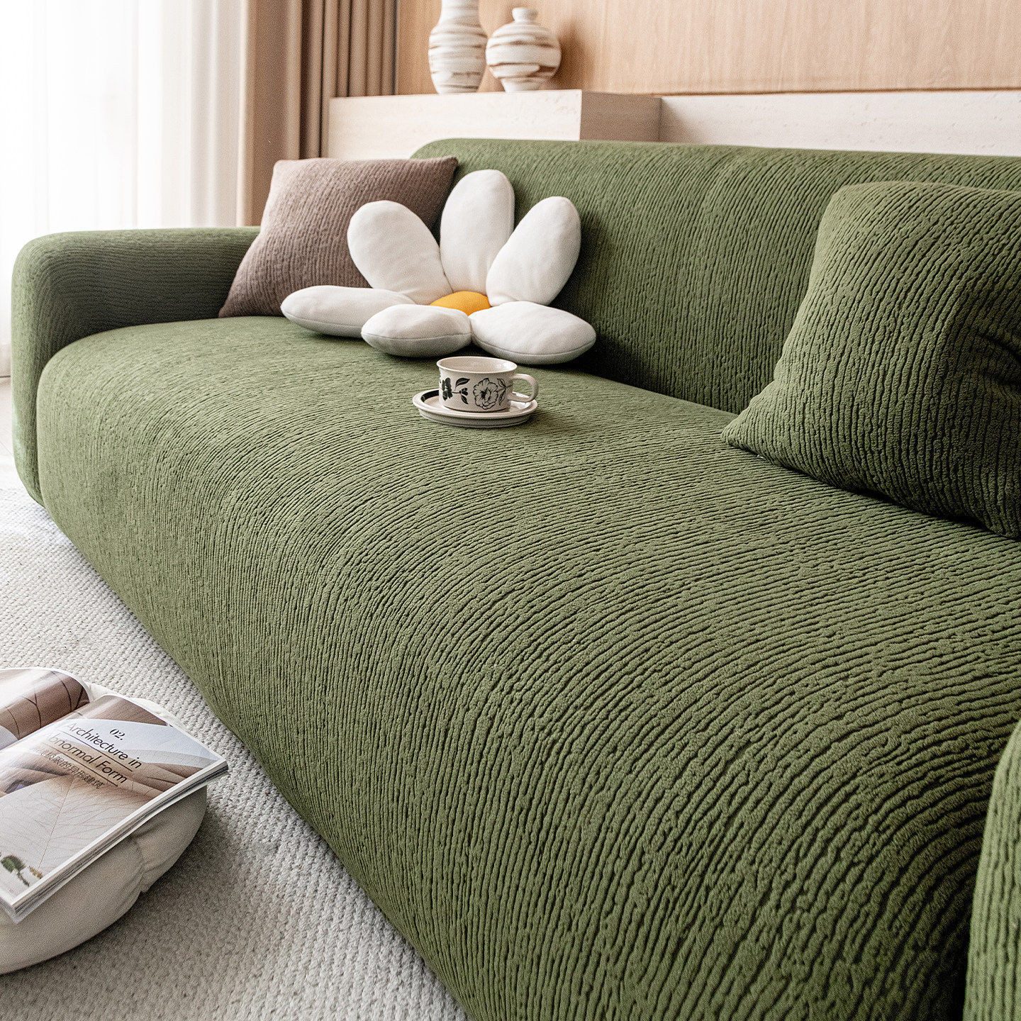 JASLIFE Sofahusse Stretch-Wellenstruktur, weich, elastisch und mit Befestigungsband