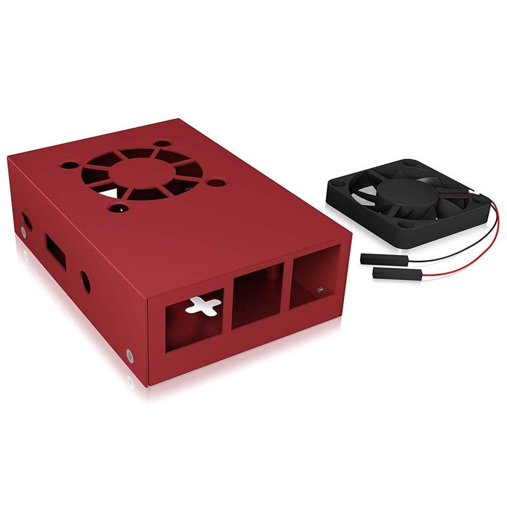 ICY BOX PC-Gehäuse IB-RP105-R Raspberry Pi 2 und 3 Gehäuse, Schutzgehäuse  mit 40 mm Lüfter, Aluminium, 2 Kühlkörper und Thermopads, Zugang zu  Stromversorgung, Video, Audio, USB, LAN, microSD-Karte, Rot