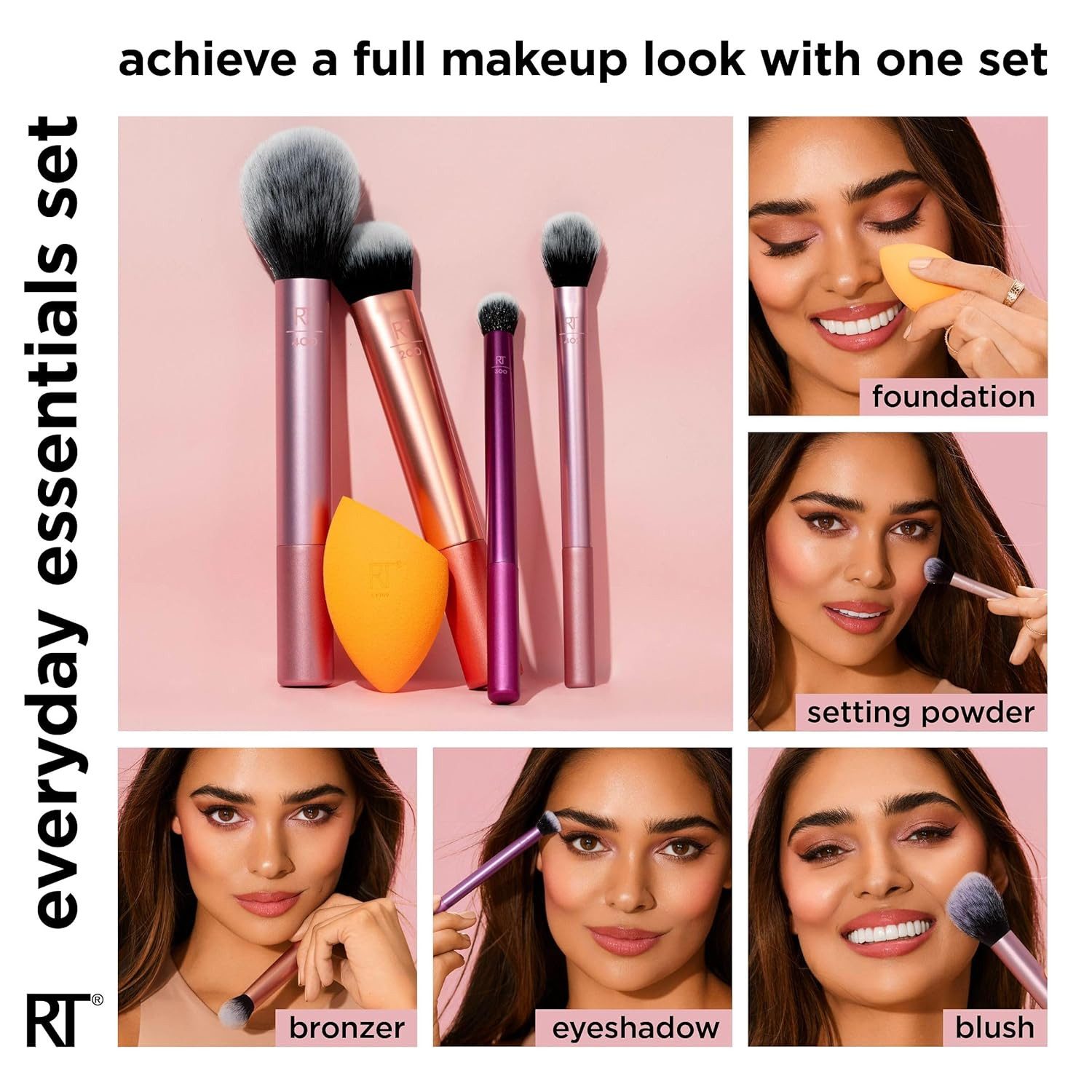 Real Techniques Make-up Set Everyday Essentials Komplett-Set für einen makellosen Make-up-Look, 5-tlg., für Foundation, Rouge, Bronzer, Lidschatten & Puder, 5-teiliges Pinsel- & Schwamm-Set