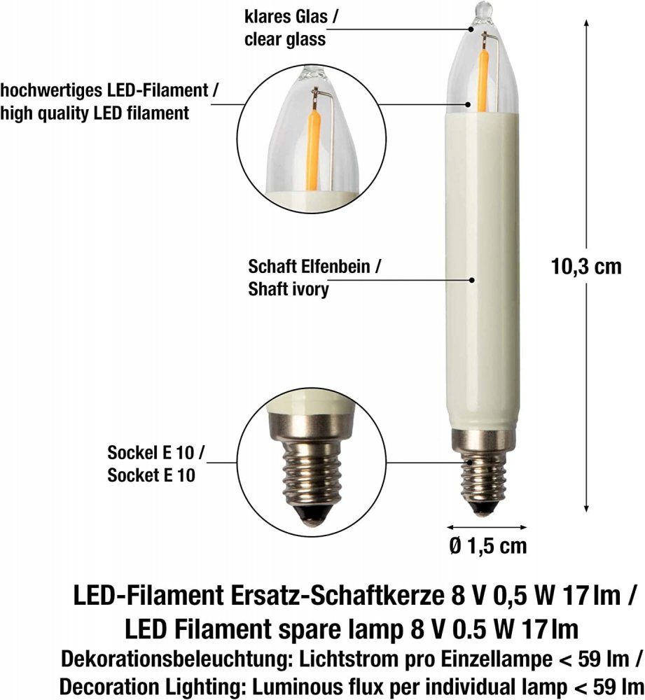 x 0,5W LED-Leuchtmittel LED-Schaftkerze Hellum Filament 8V 2 E10