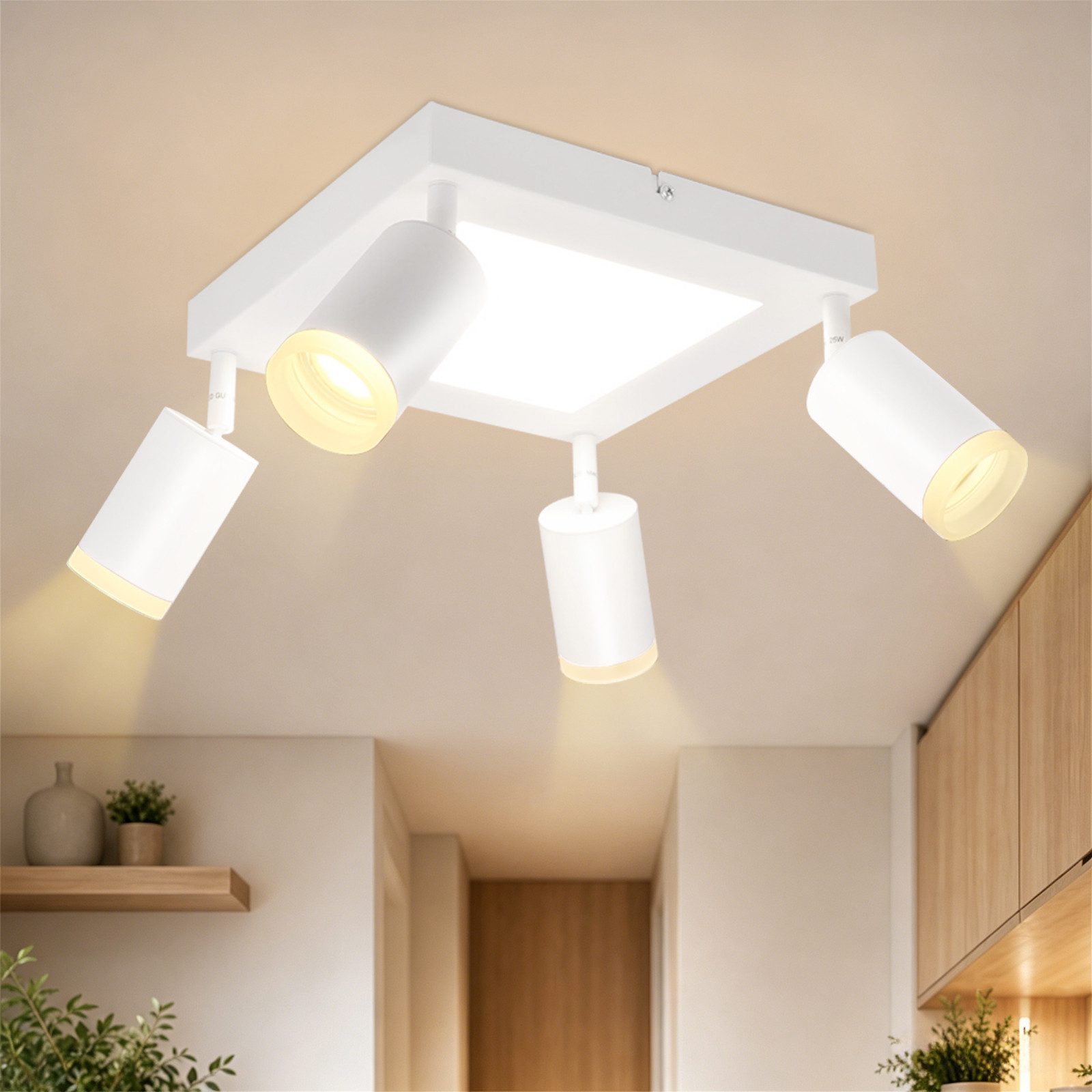 ZMH Deckenstrahler 4 Flammig Quadratisch/Rund 20W Deckenleuchte 3000K GU10 Wohnzimmer, Einfache Installation, LED fest integriert, ohne Leuchtmittel, Warmweiß, Weiß Schwenkbar 350° Moderne Schlafzimmerlampe