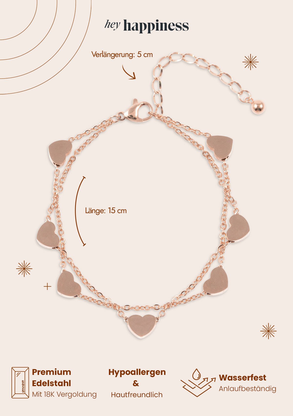 Hey Happiness Charm-Armband Layer Herzen Anhänger hängend, Gold Roségold, Edelstahl Armkette Damen Liebe mehrreihig, wasserfest – Bild 5 von 5