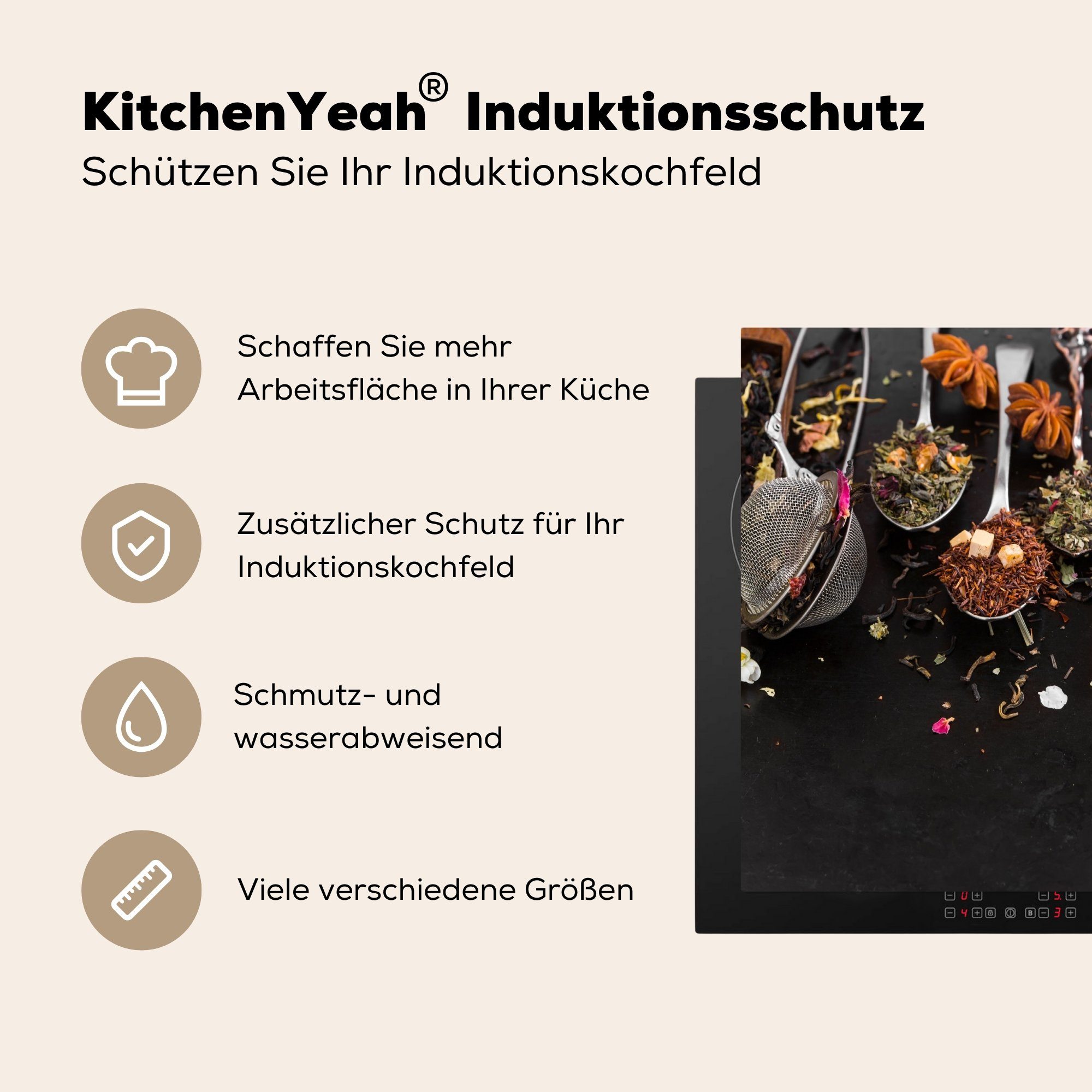 MuchoWow Herdblende-/Abdeckplatte Tee - Zimt, (1 59x52 Induktionsmatte Vinyl, tlg), für die Kräuter - küche, Ceranfeldabdeckung cm
