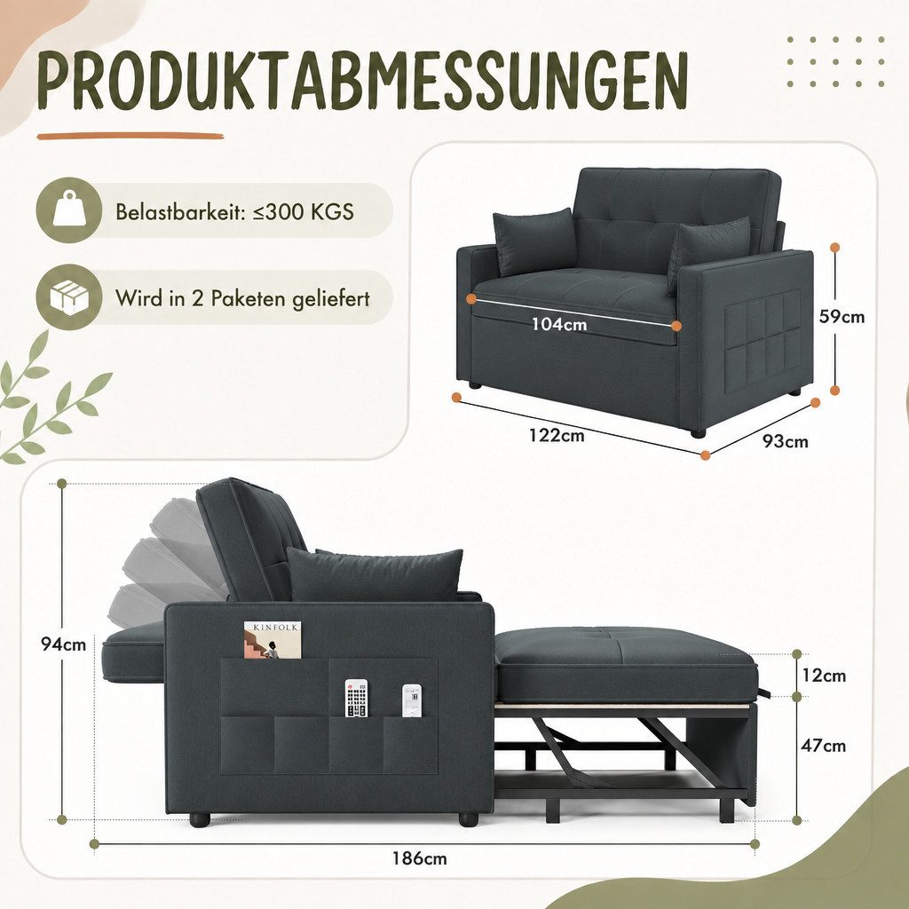 AMERLIFE Schlafsofa mit 5-stufiger Verstellung, 3-in-1, Dunkelgrau, 1 Teile, Verstellbare Kopfstütze – Bild 2 von 5