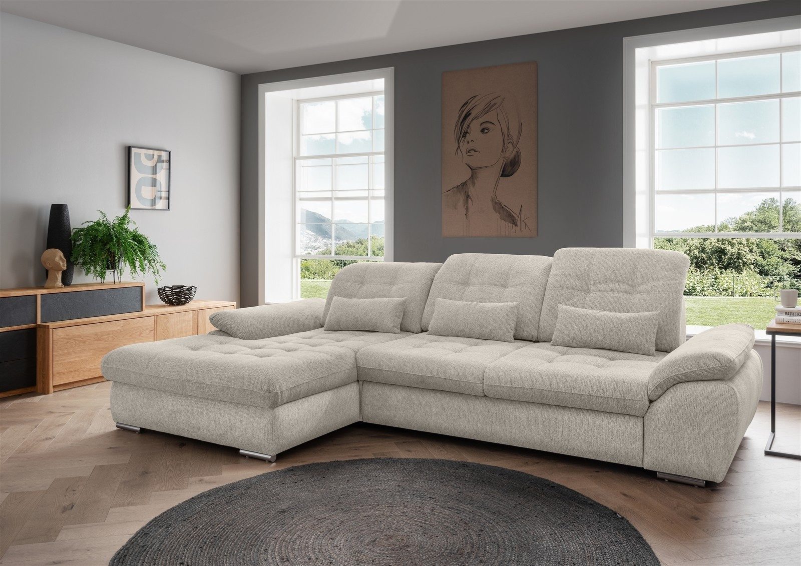 freiraum Polstergarnitur Riordan, Schlaffunktion, Stauraum, Webstoff Corto beige - 314x104x184 (BxHxT)
