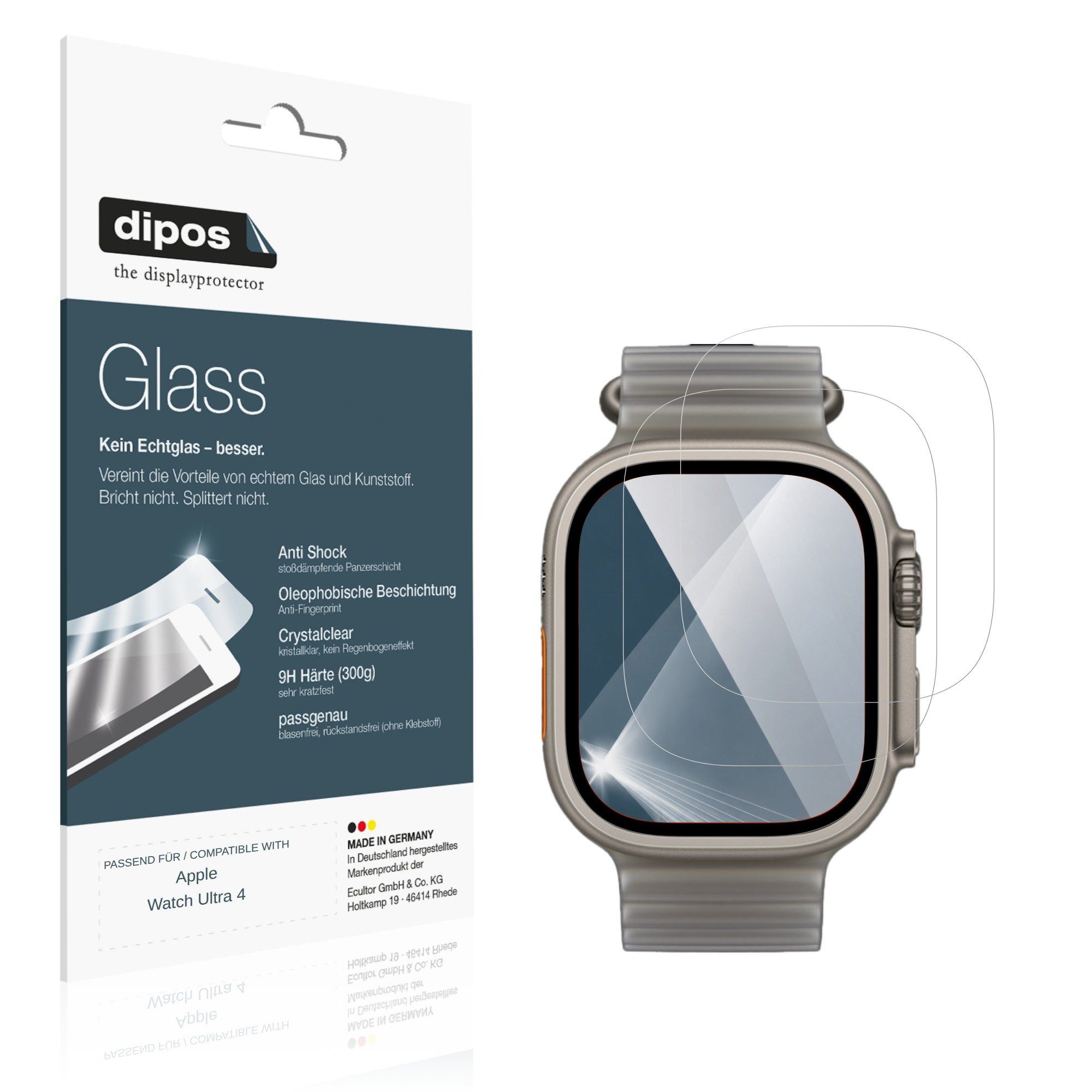 dipos Displayschutzfolie Schutzfolie für Apple Watch Ultra 4, 2 Stück, Displayschutz Schutz Folie Made in Germany