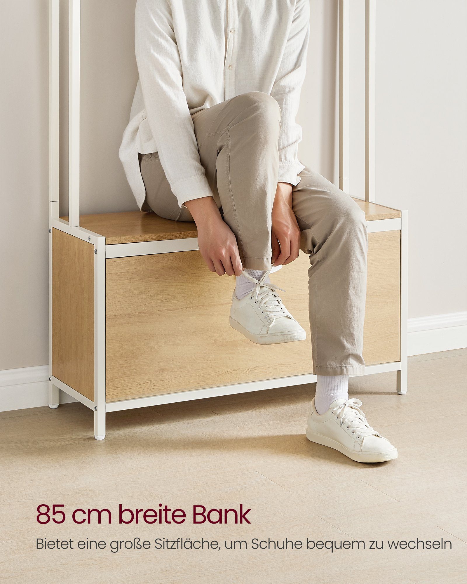 Garderobe, 85 x x mit Garderobenständer 30 Eichenfarben-Weiß VASAGLE Sitzbank, 180 cm
