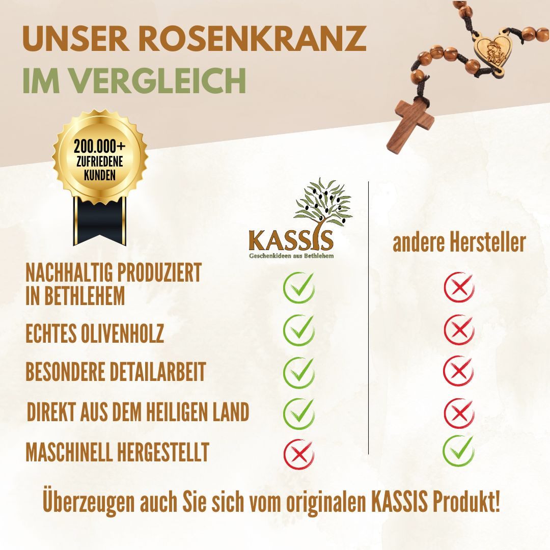 Kassis Geschenkartikel Kette ohne Anhänger Rosenkranz mit Olivenholzperlen Herz und Maria aus Olivenholz, hergestellt in Bethlehem, Gebetskette zu religiösen An – Bild 4 von 5