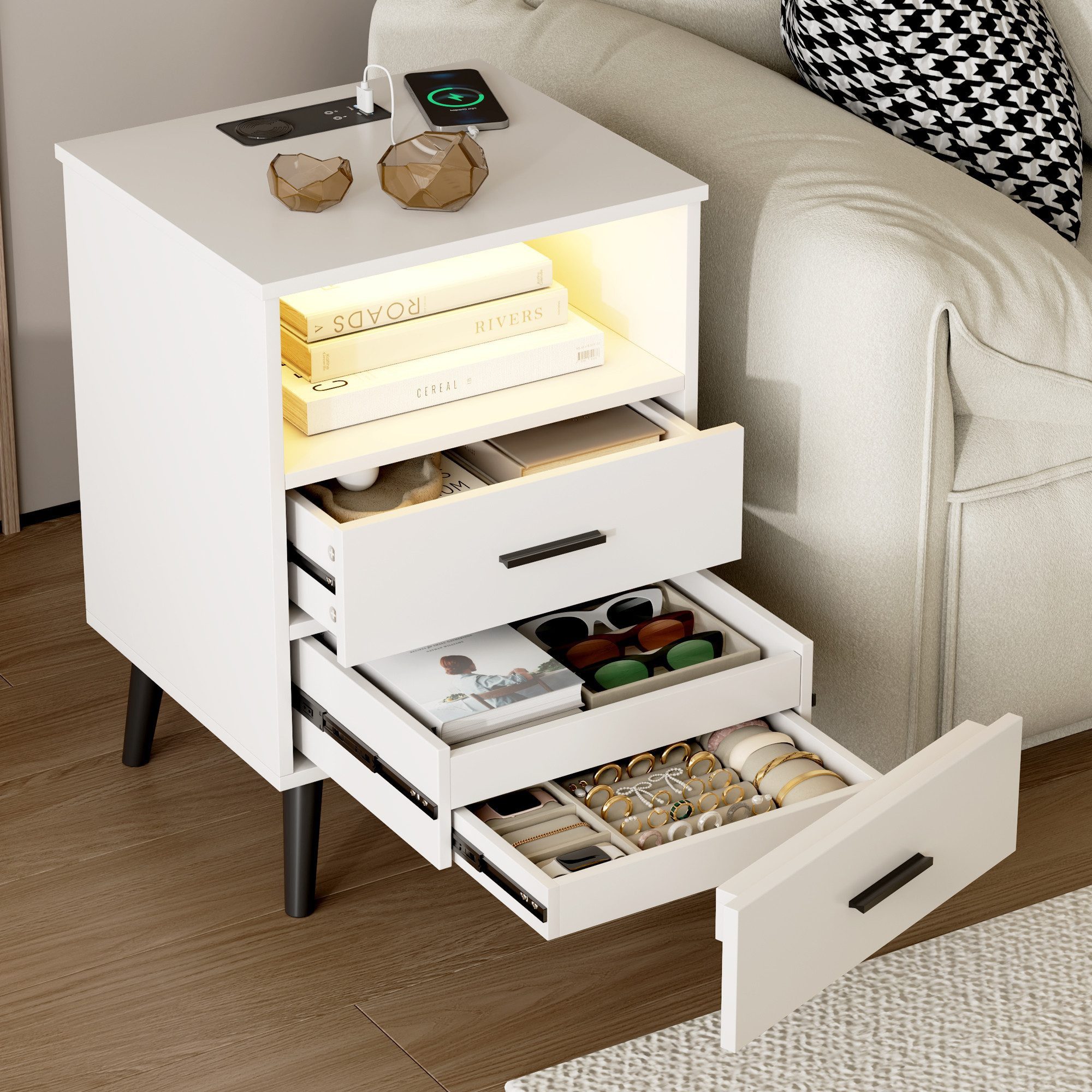 LVSOMT Nachttisch mit Beleuchtung LED und Ladefunktion USB & Type-C (1 Tisch), mit 3 Schubladen (1 verdeckte Schublade) für Schlafzimmer, weiß