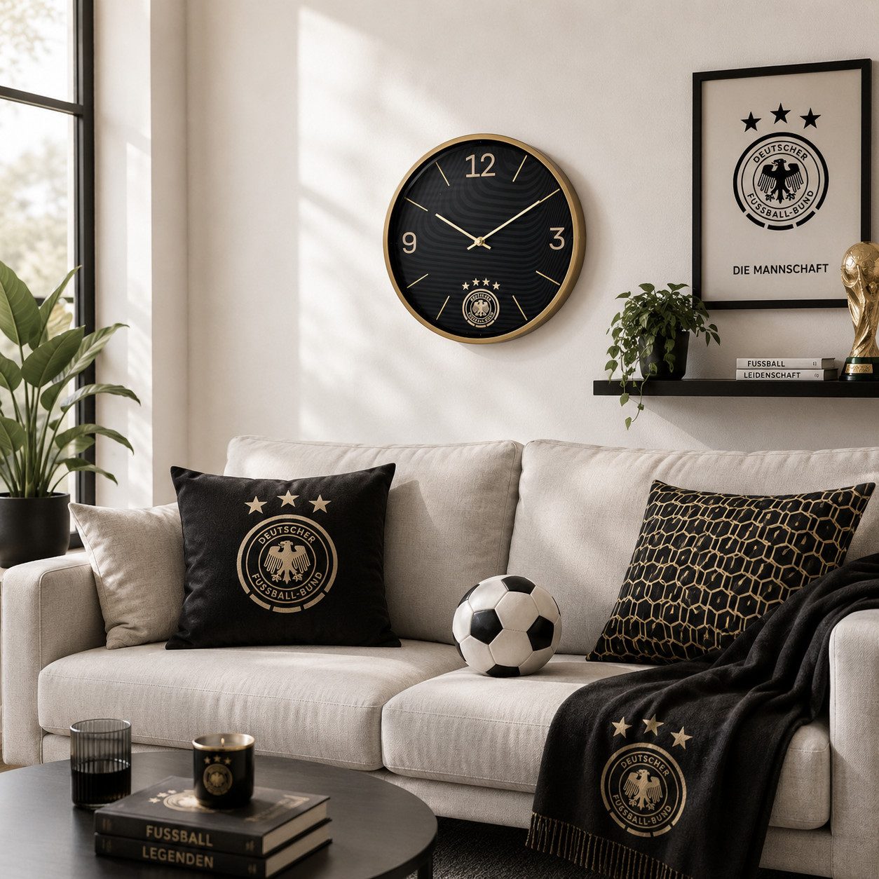 K&L Wall Art Wanduhr DFB Fußball Wanduhr schwarz gold Aluminium Uhr ohne Tickgeräusche (Deutscher Fussball-Bund)