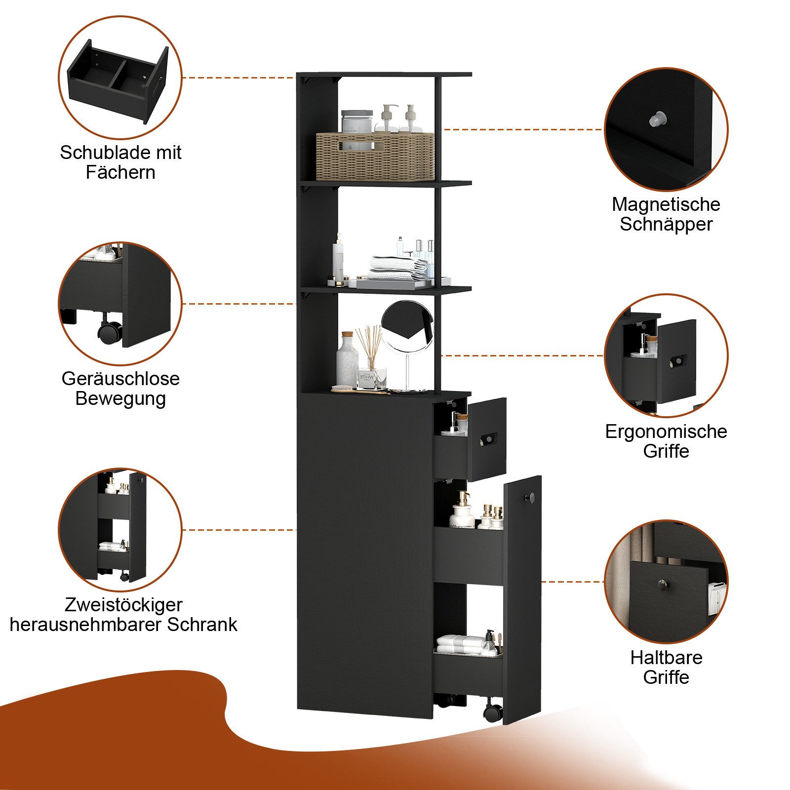Puluomis Badkommode Badezimmschrank mit Schubladen, Hochschrank schmal (weiß/schwarz)