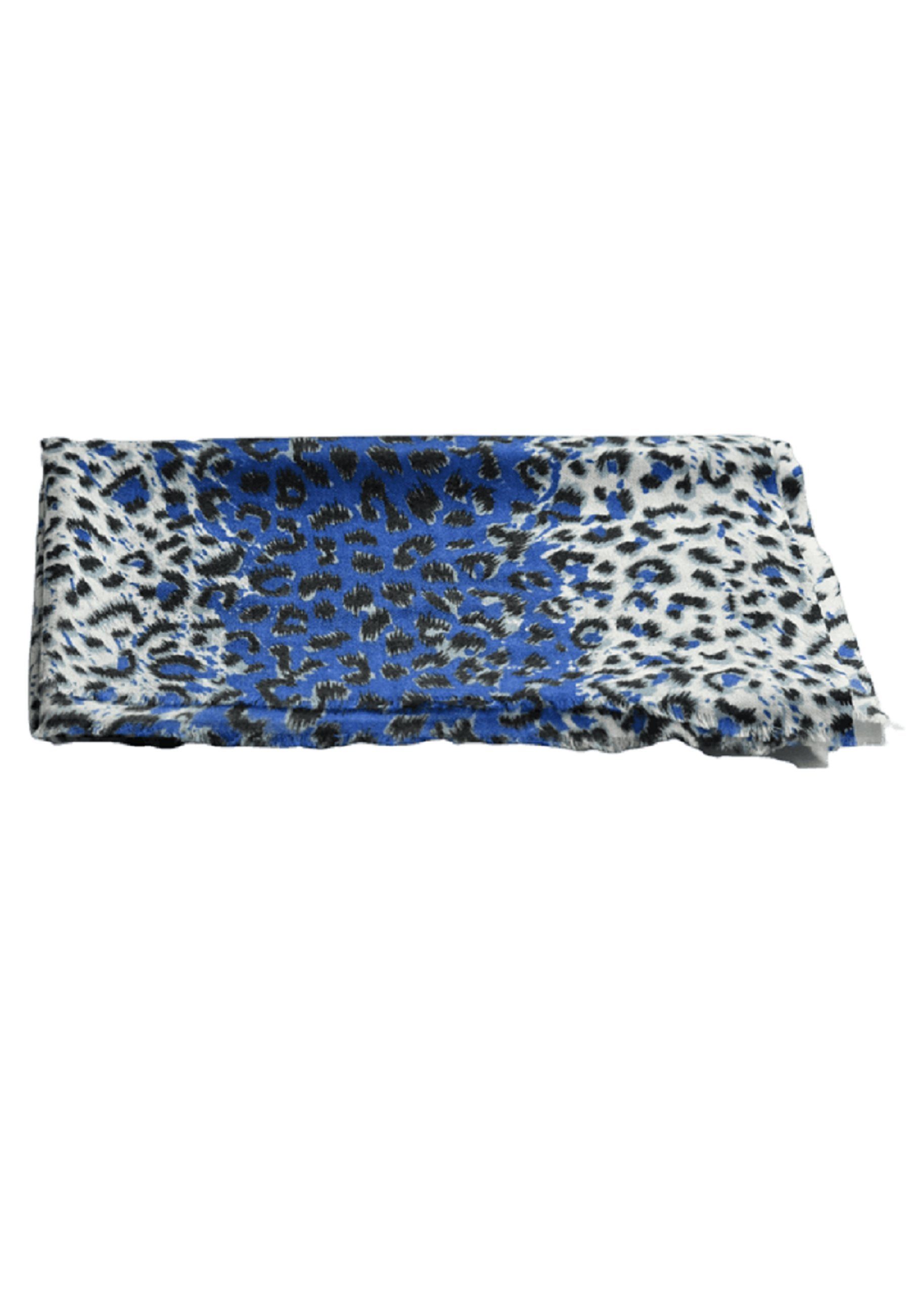 Leopardendruck, mit Schurwollen- Fransen Seidenmix Schal, blau Wollschal Chilli & Blue Home Bedruckter