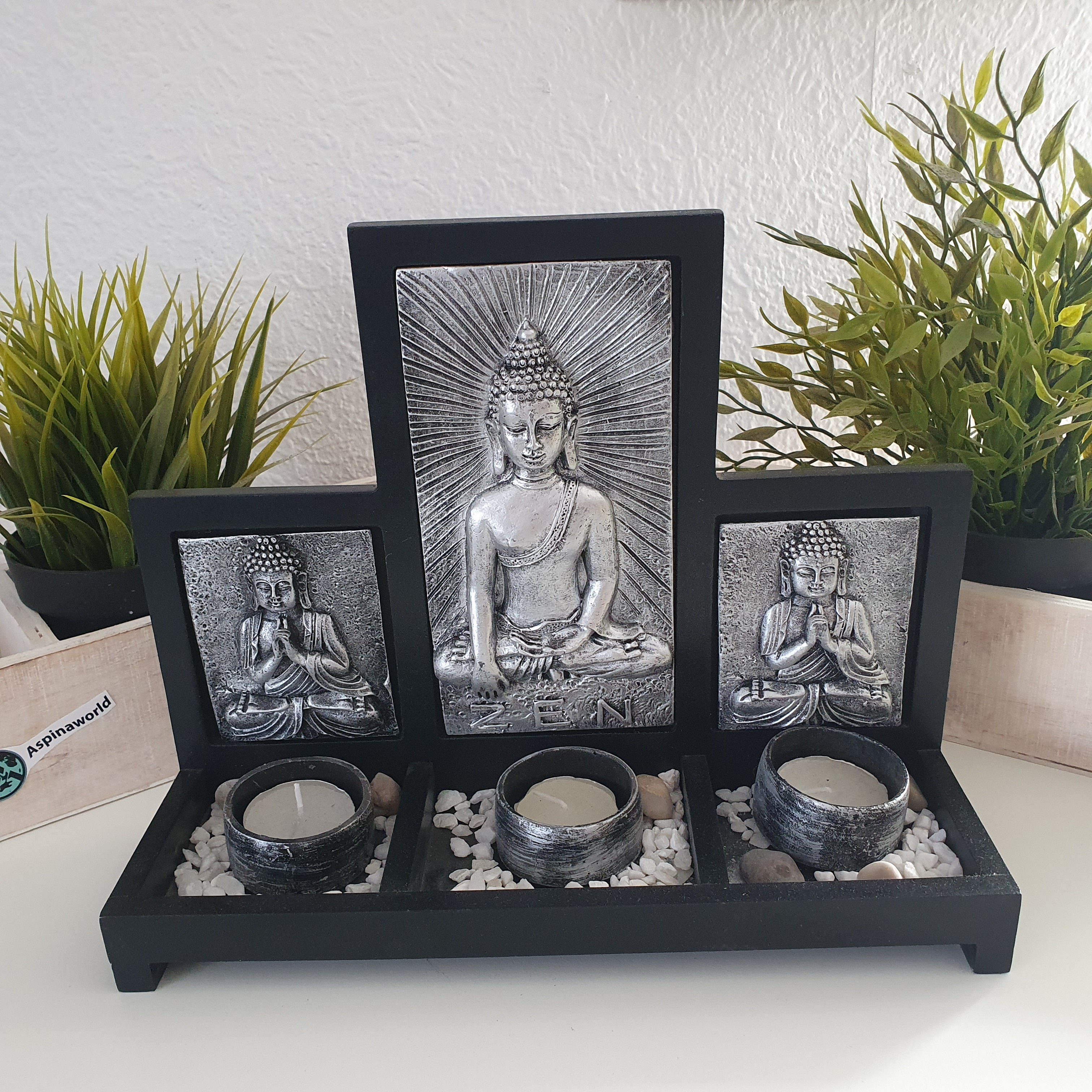 Aspinaworld Teelichthalter Buddha Teelichthalter für 3 Teelichter Silber 22 cm