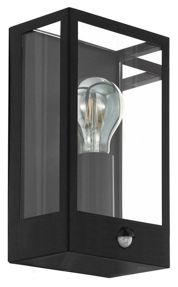 EGLO Außen-Wandleuchte ALAMONTE, 1-flammig, H 29 cm, Schwarz, Metall,  Bewegungsmelder, ohne Leuchtmittel, Glas