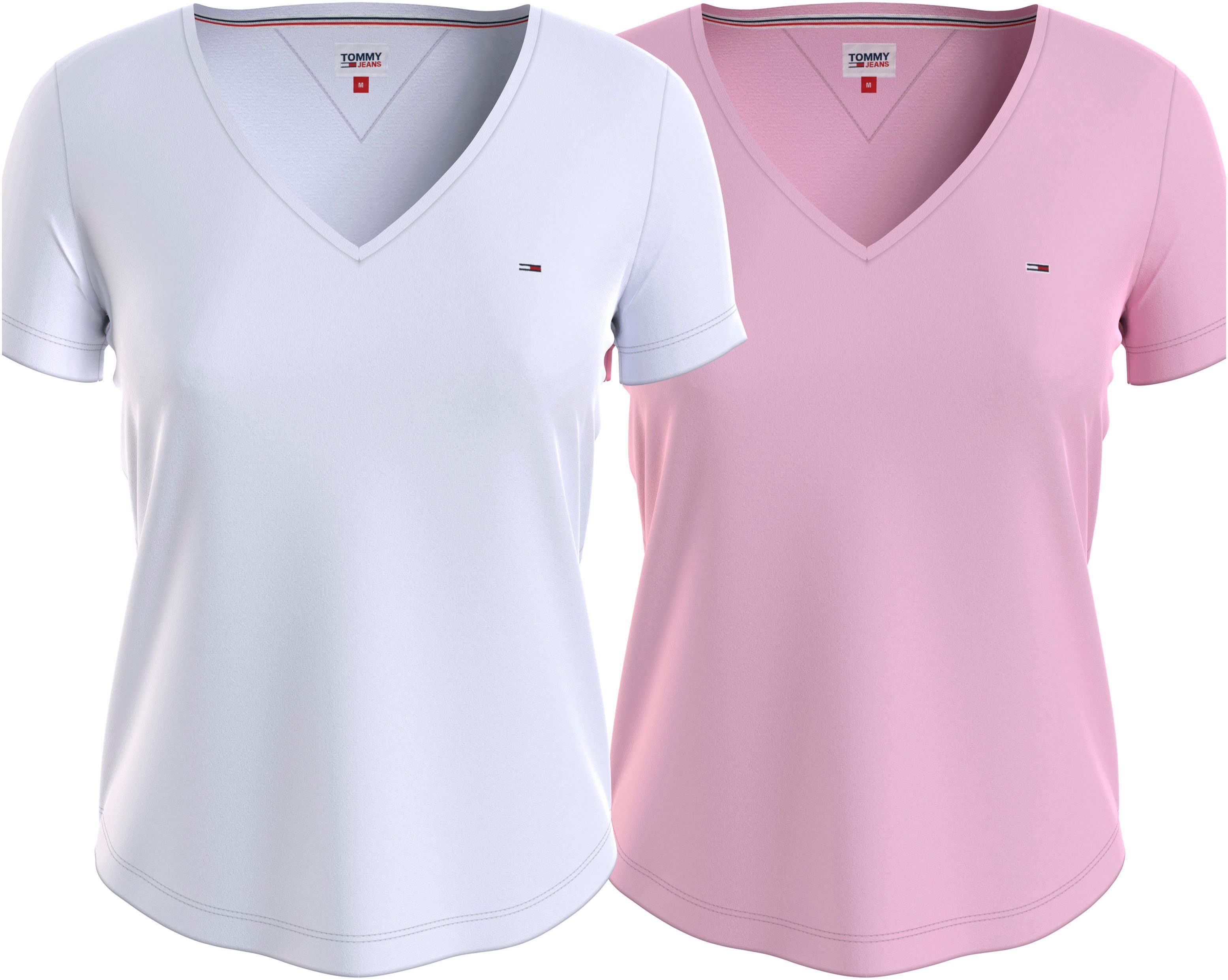 Tommy Jeans V-Shirt TJW White/Pink (Packung, NECK mit 2-tlg., SOFT 2er-Pack) V Tommy Markenlabel in SLIM TEE Basic Optik Jeans 2PACK