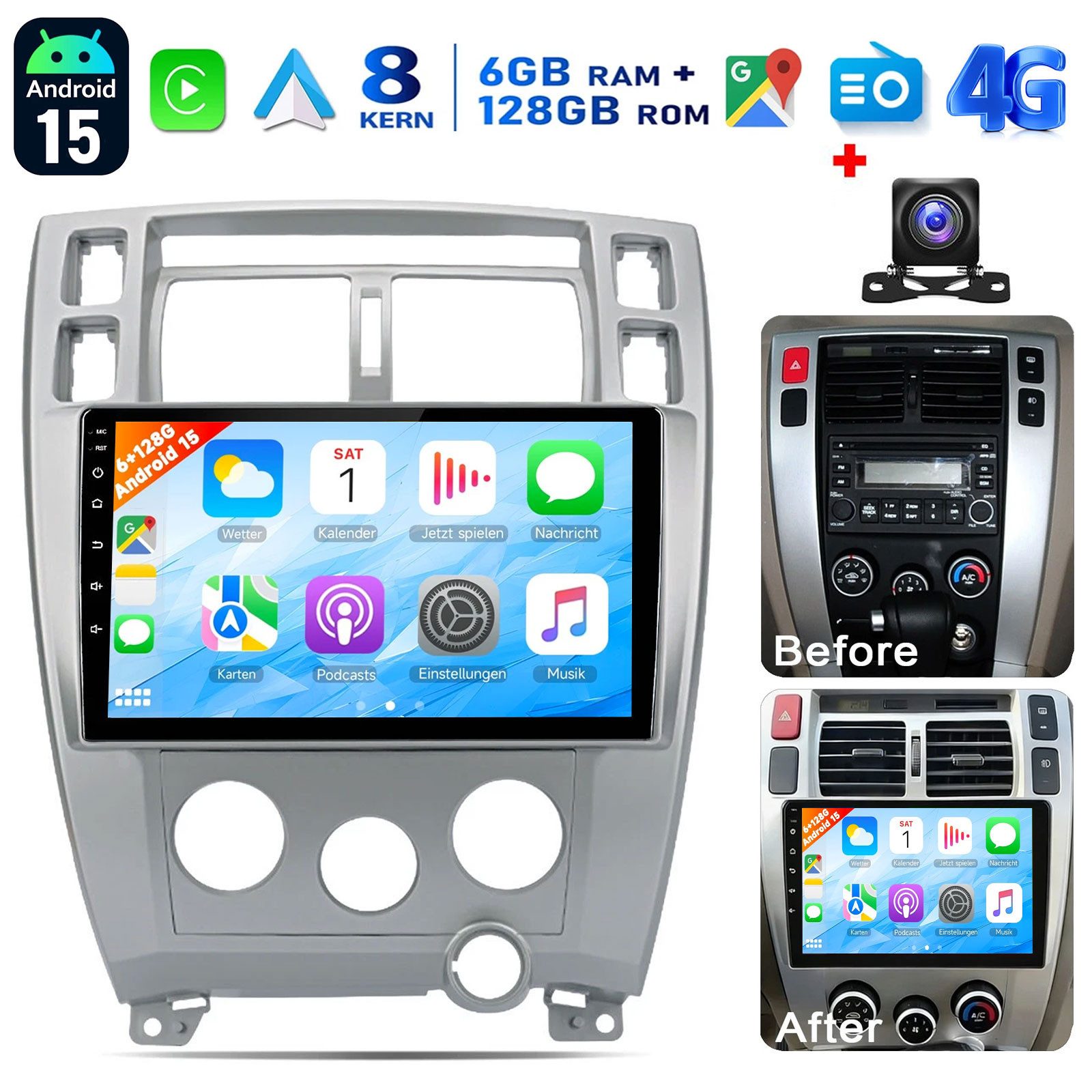 ESSGOO CarPlay 6+128G Android 15 Für Hyundai Tucson JM 2004-2009 GPS NAV WIFI Autoradio (6GB+128GB, RDS, 4G LTE, DAB (optional), FM, AM, DAB+ (optional), Apple Carplay Android Auto GPS Navi WIFI BT EQ)
