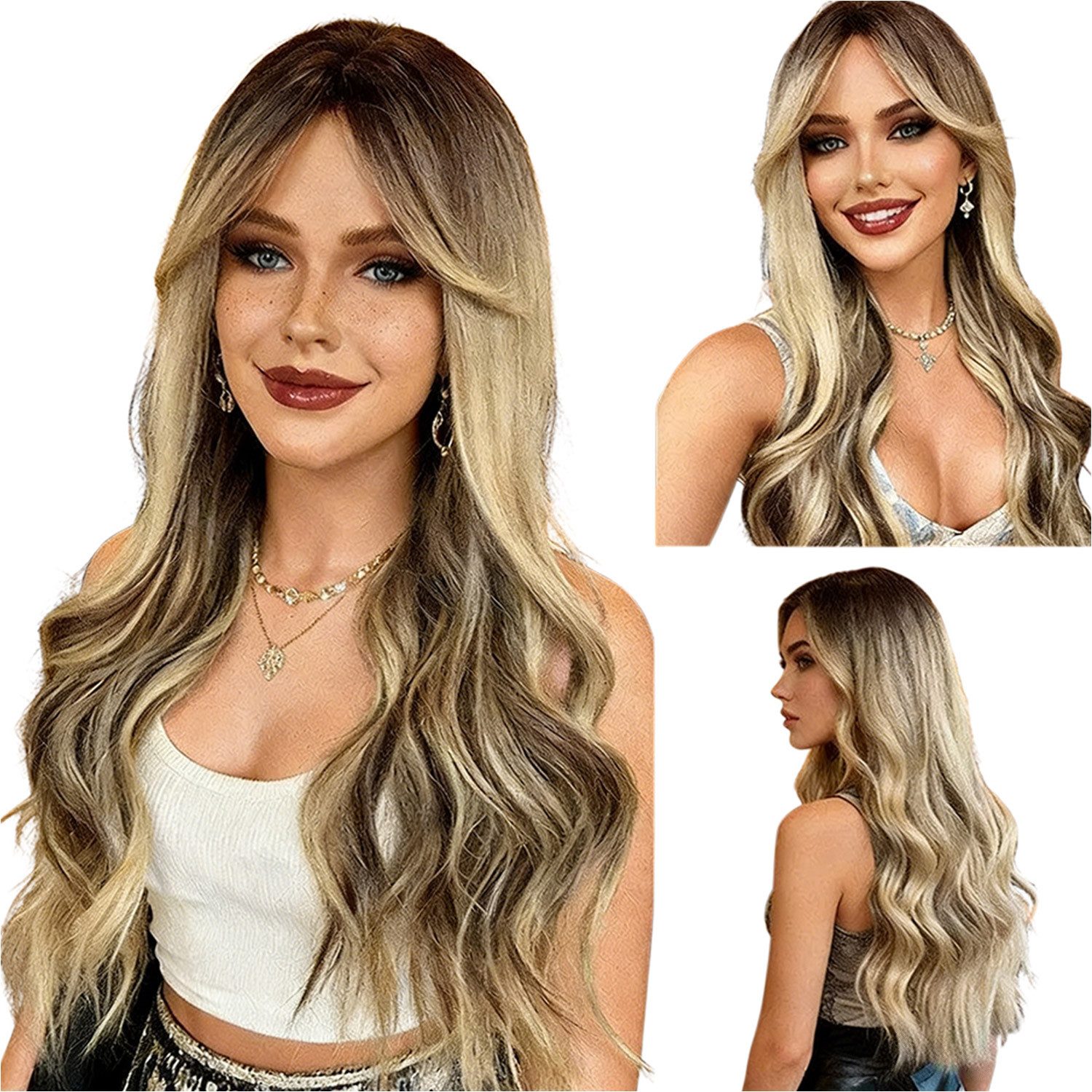 Refttenw Kunsthaarperücke 65cm Perücke Damen Pony Leicht Gewellt Langhaarperücke Vollperücke, Natürlich Aussehend, Verstellbar