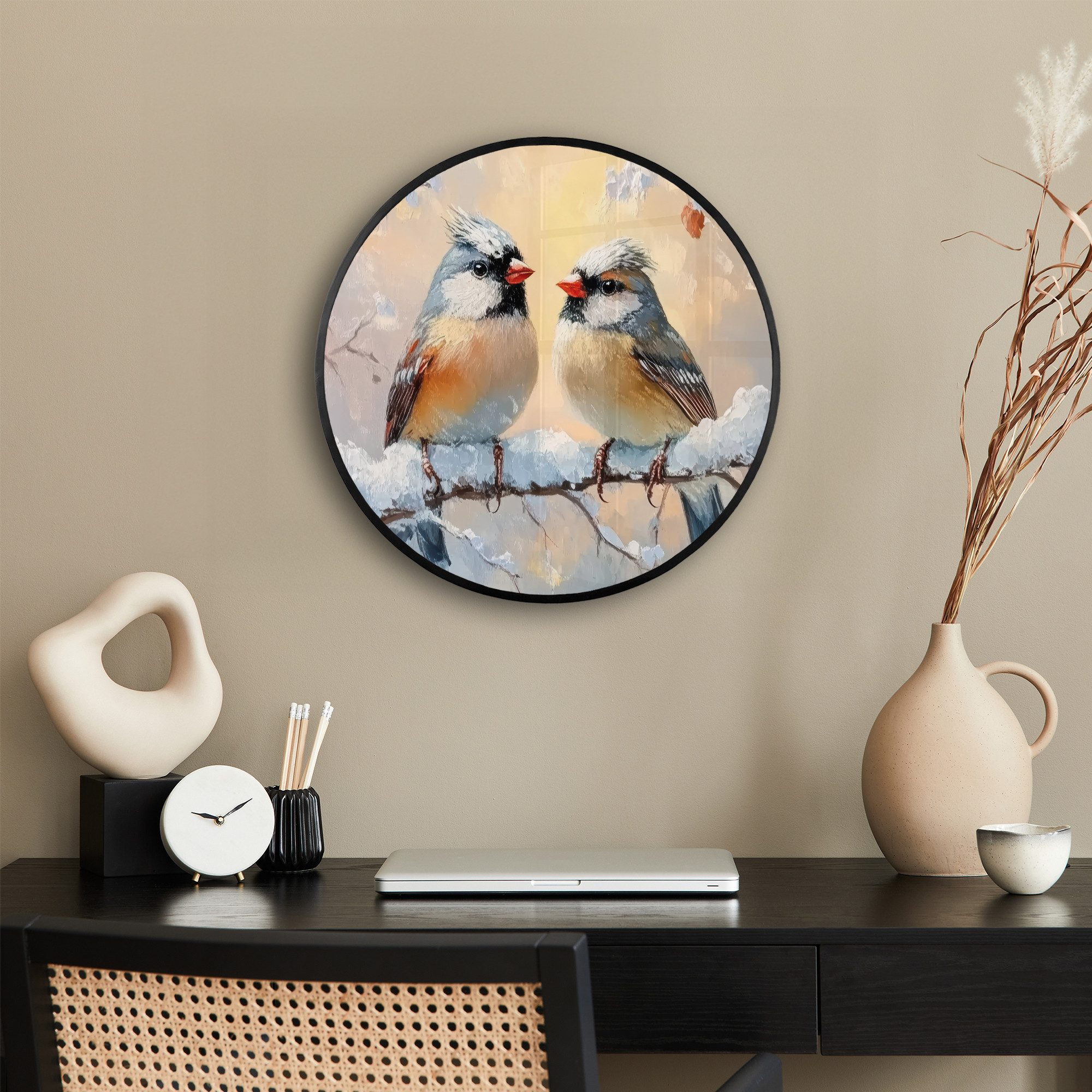 MuchoWow Poster Rund - Vögel - Zweig - Winter - Schnee, (1 St), Runde Wandbilder, Deko für Wohnzimmer und Schlafzimmer, 40x40 cm